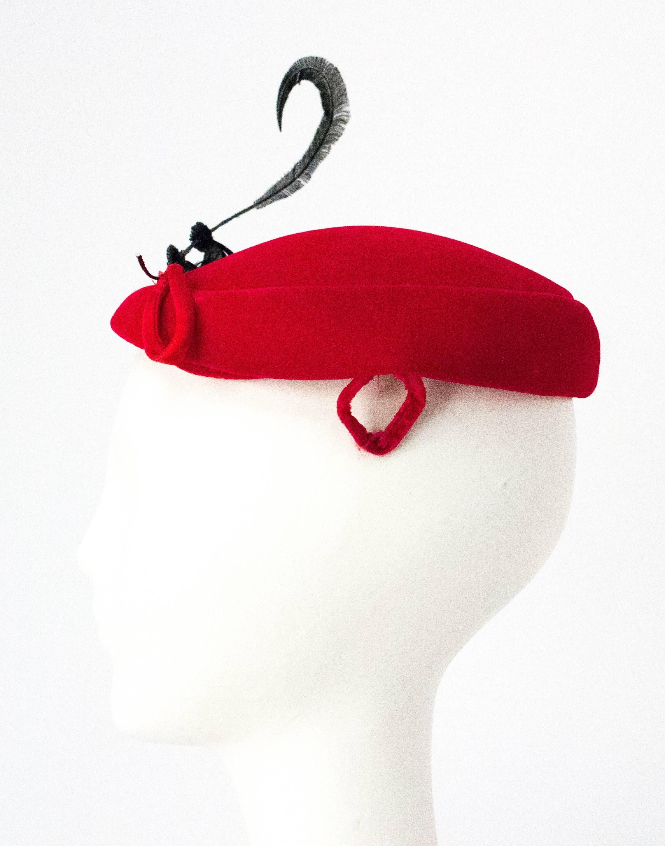 Women's 50s Red Velvet Cocktail Hat Adorned with Gems and Feathers