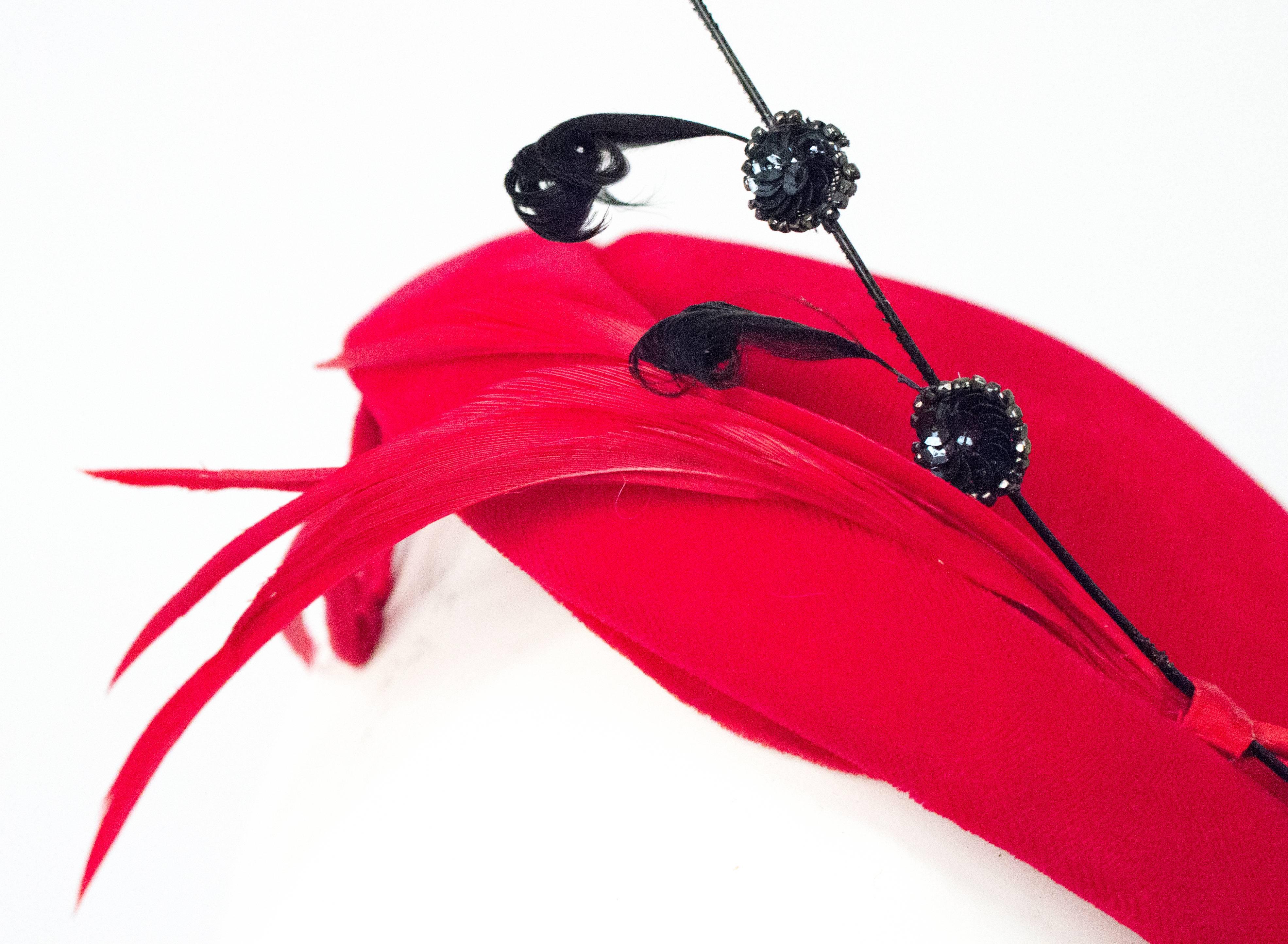 50s Red Velvet Cocktail Hat Adorned with Gems and Feathers 2