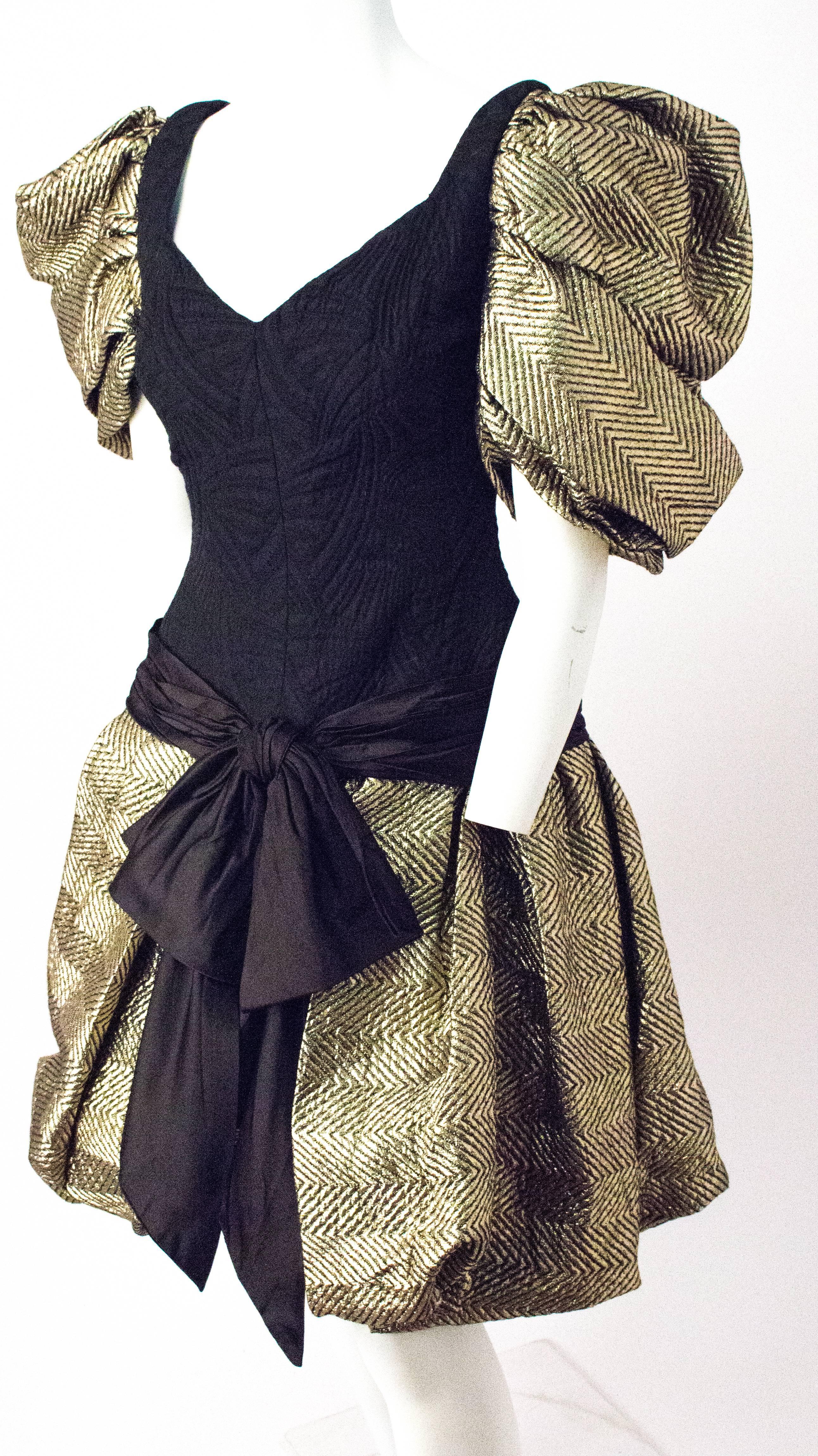 80s Elizabeth Arden Sweetheart Gold Jacquard Puff Sleeve Dress.
