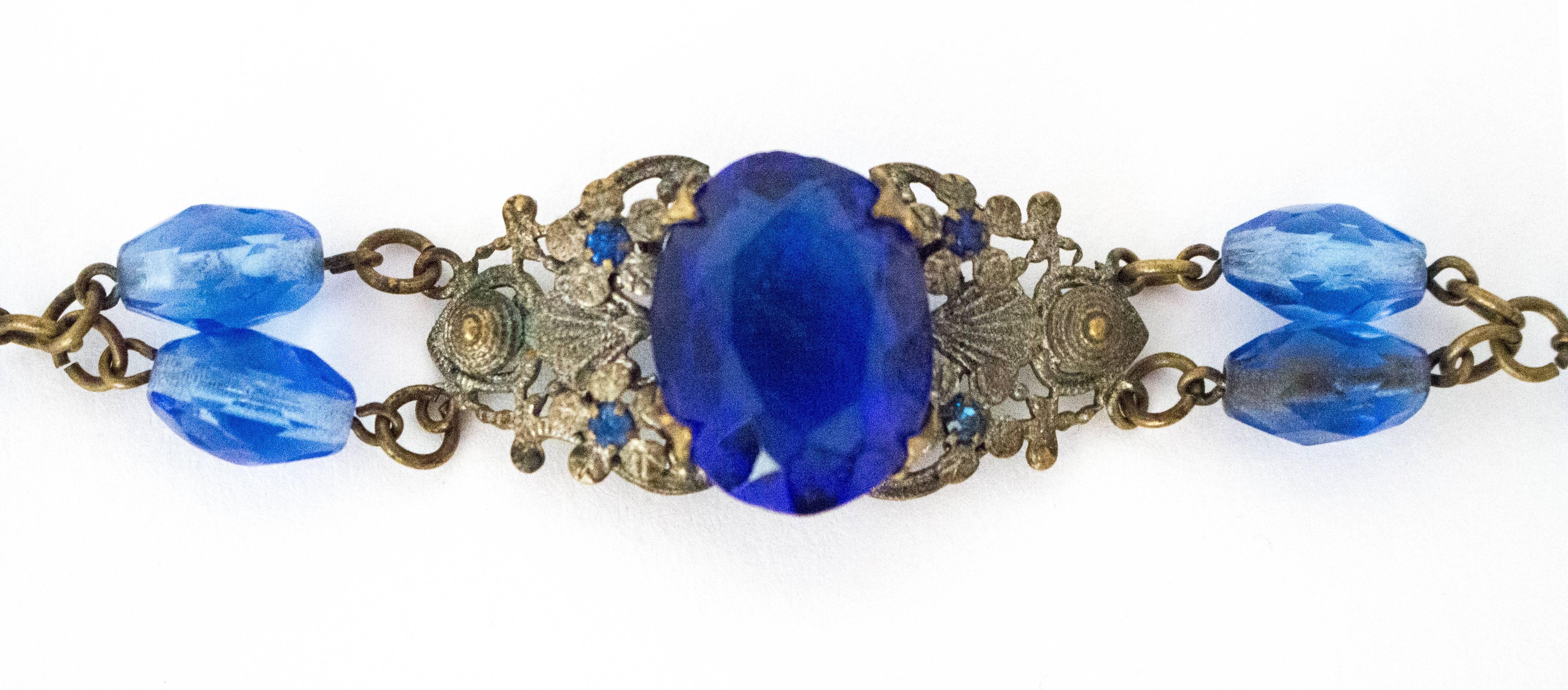 20s Blue Glass Art Nouveau Bracelet 

6 1/2