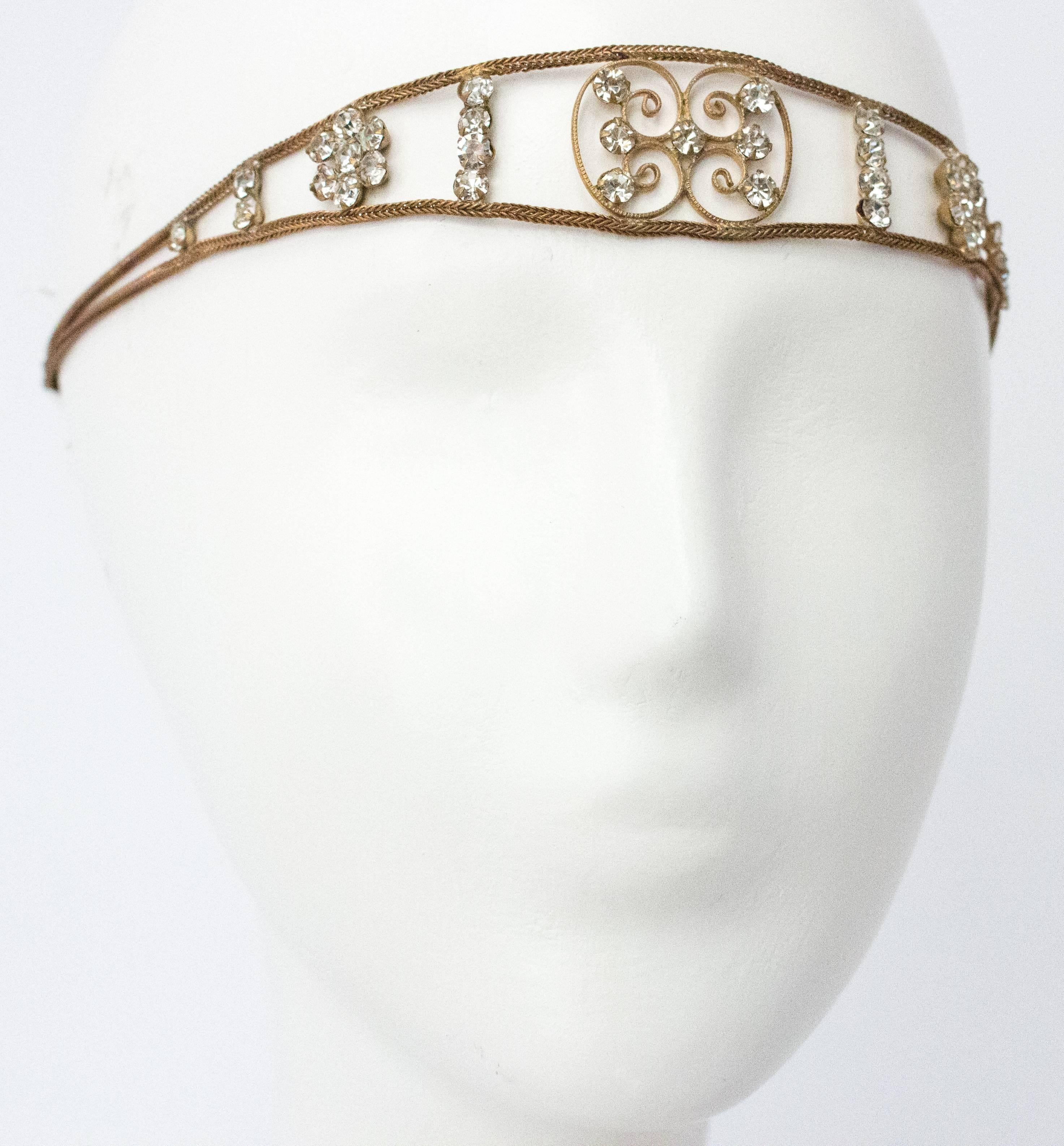 20s headpiece has gold lamé braided ribbon which ties in the back so it is completely adjustable