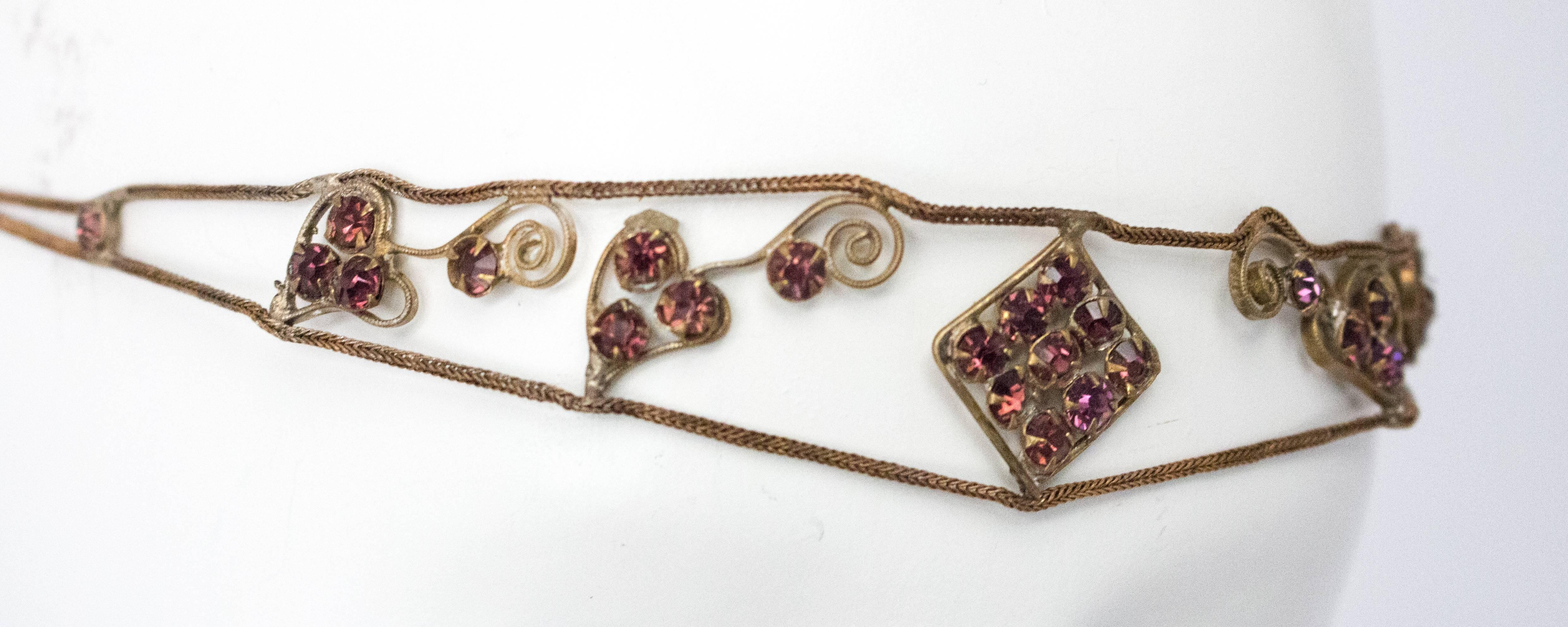 20s Flapper Headband Amethyst Color Crystal Gold Lamé  In Excellent Condition In San Francisco, CA