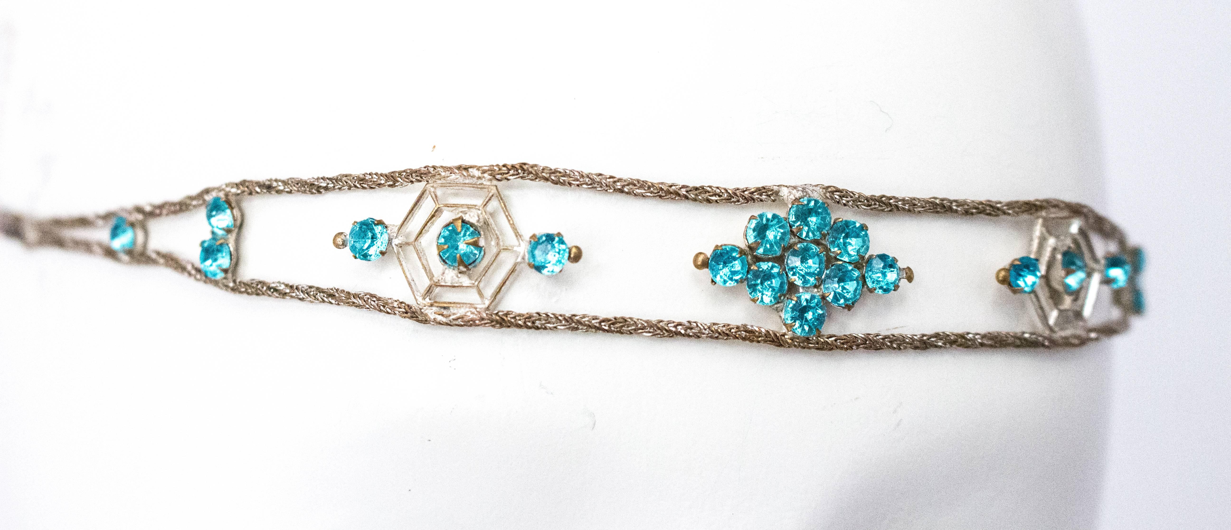 20s Flapper Headband Aqua Crystal Gold and Silver Lamé  In Excellent Condition In San Francisco, CA