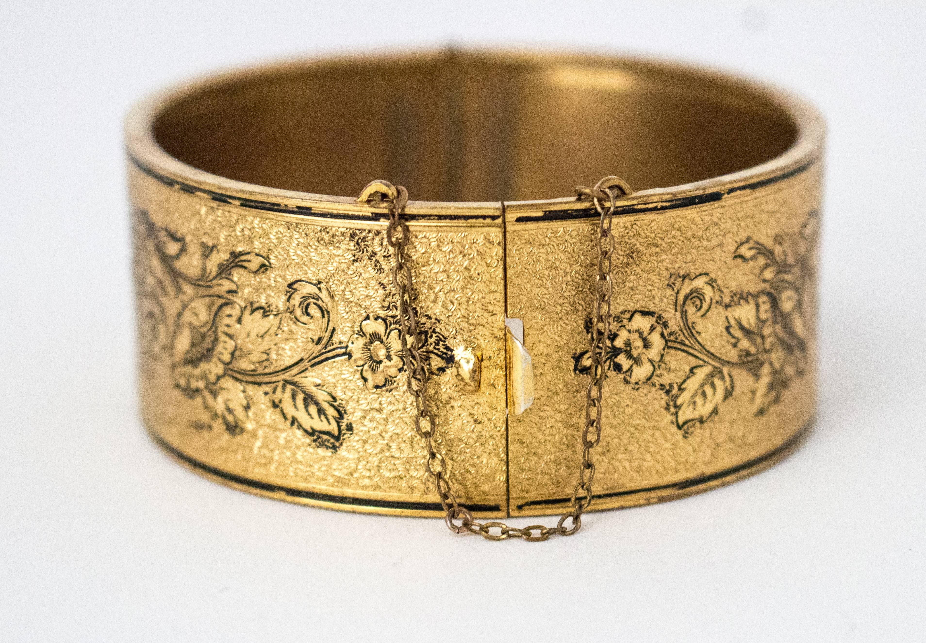1890s Victorian Gold-filled Bracelet with Floral Design. Original safety chain. 