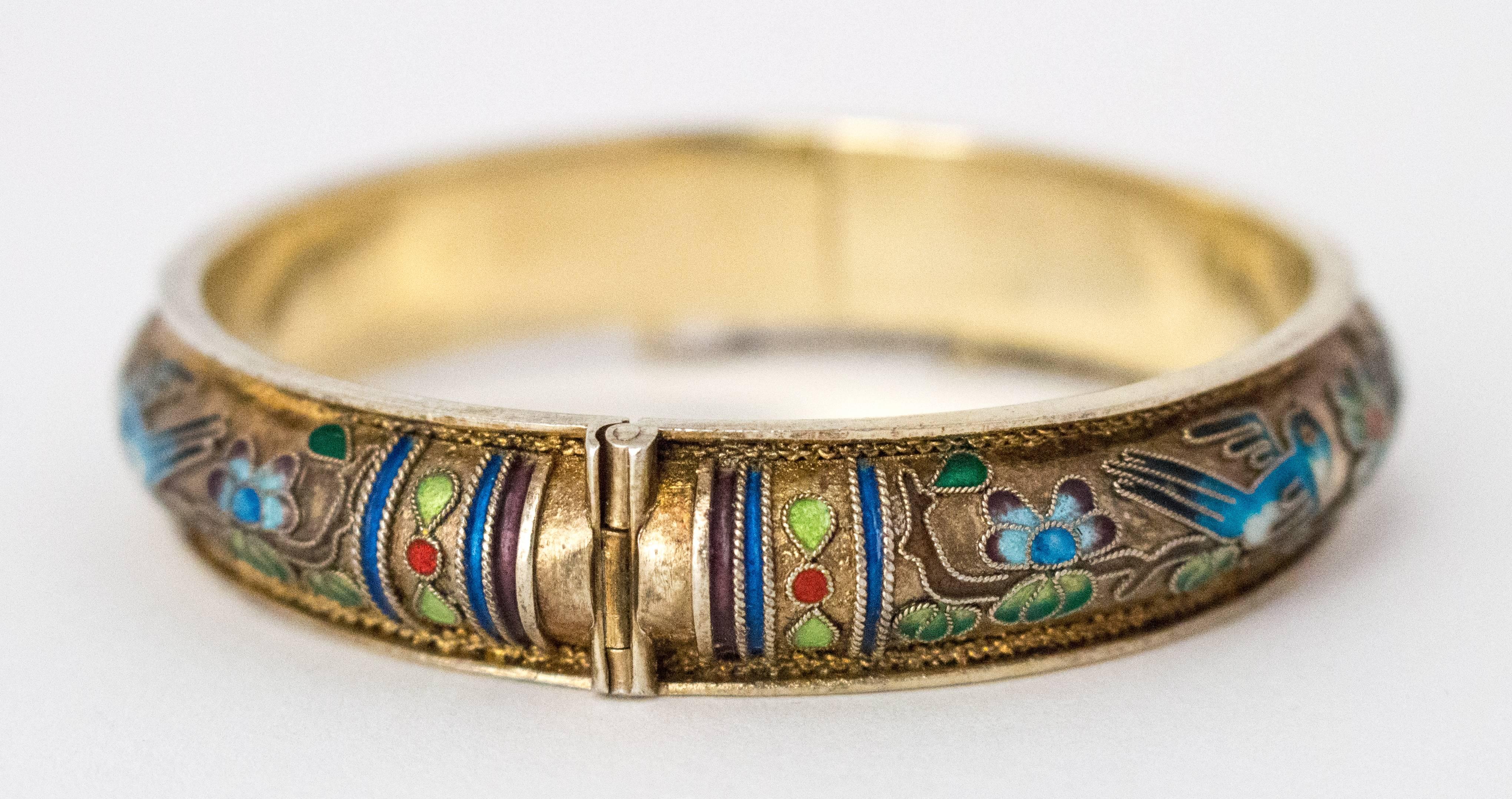 Women's 50s Champleve Silver Bangle with a Gold Wash, Enamel Blue Birds & Flowers