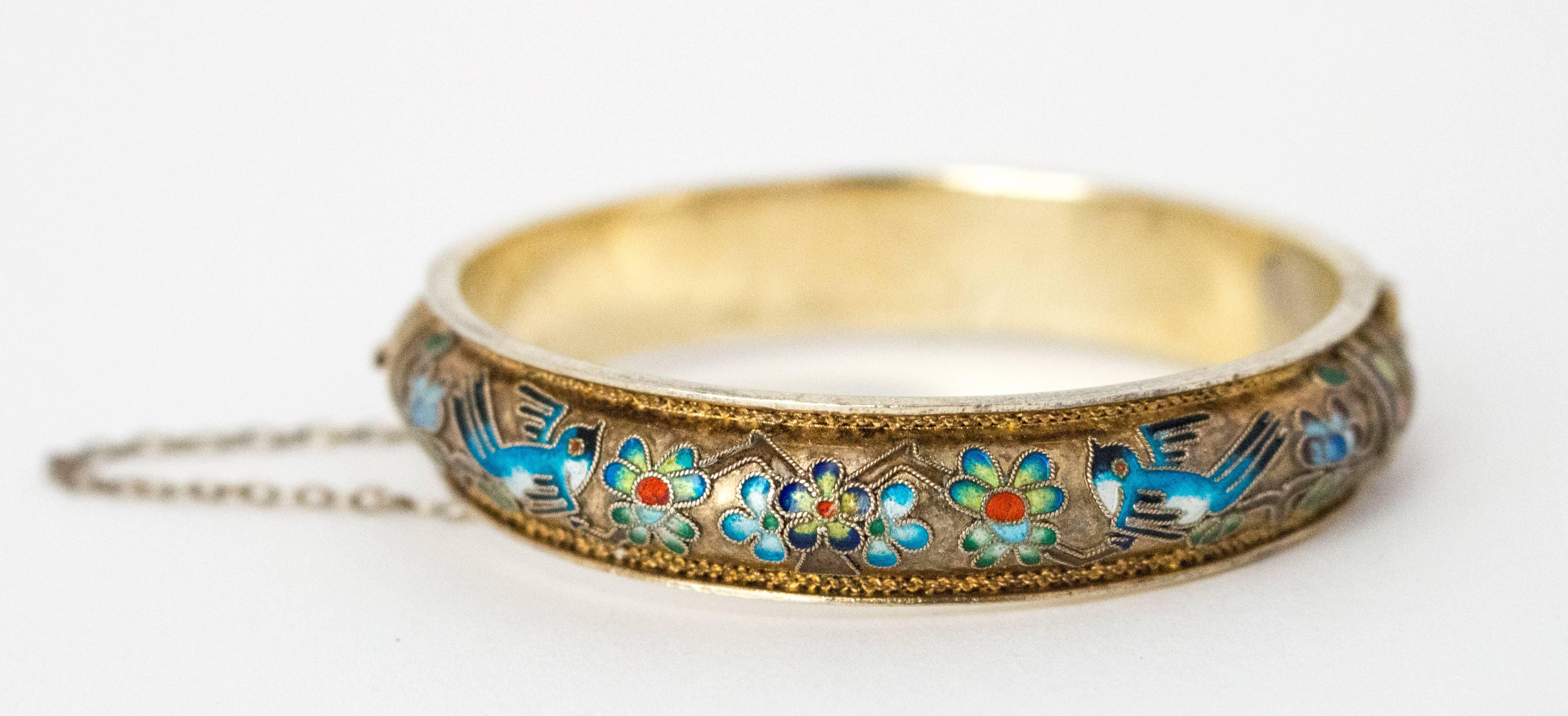 50s Champleve Silver Bangle with a Gold Wash, Enamel Blue Birds & Flowers. 