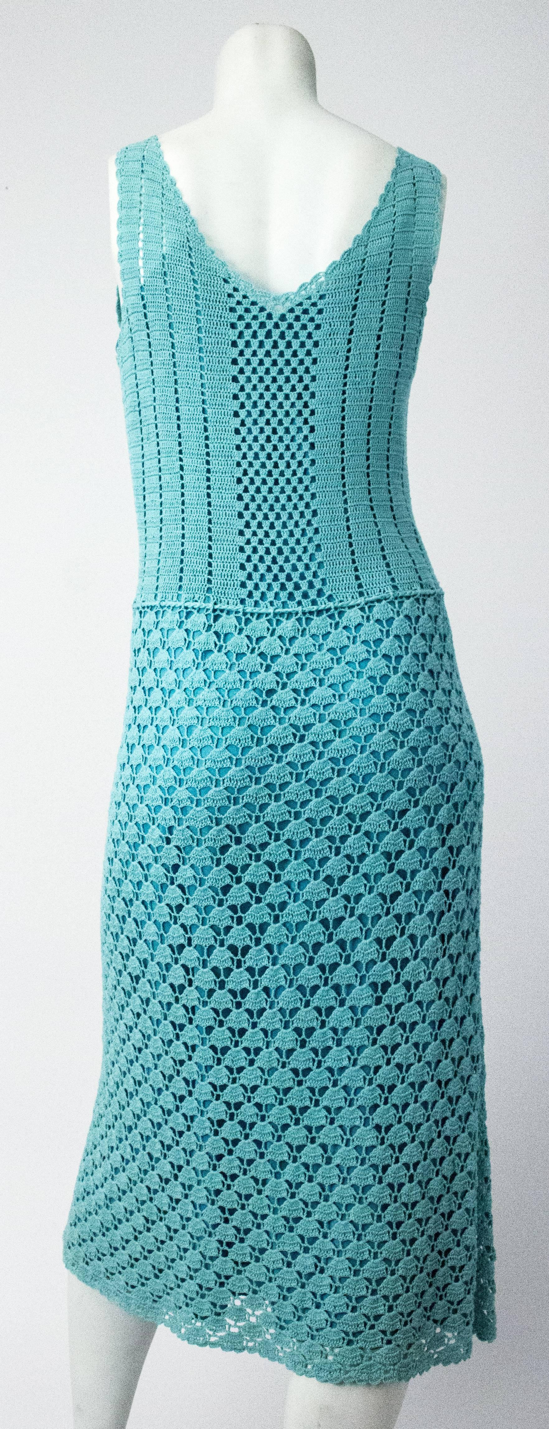 70s Aqua Blue Crochet Sleeveless Dress with Slip. Original matching waist tie. 