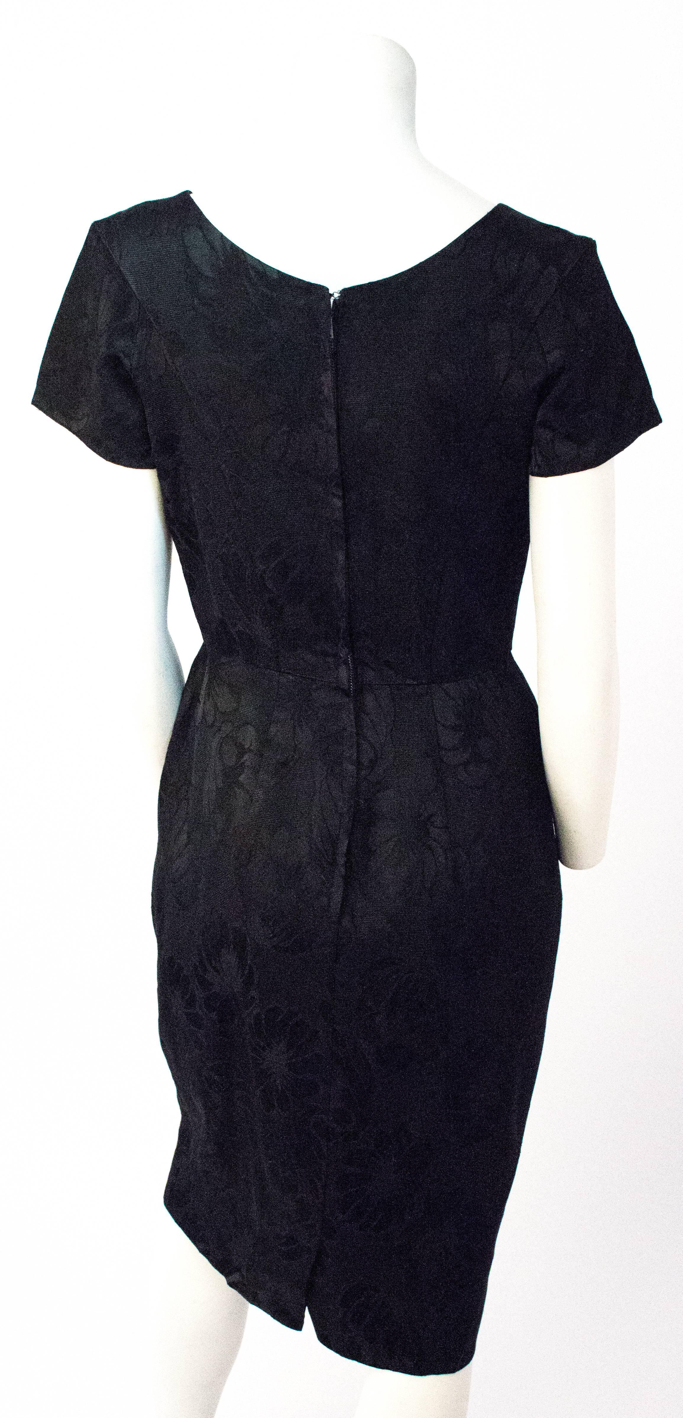 60s Black Silk Floral Jacquard Dress. 