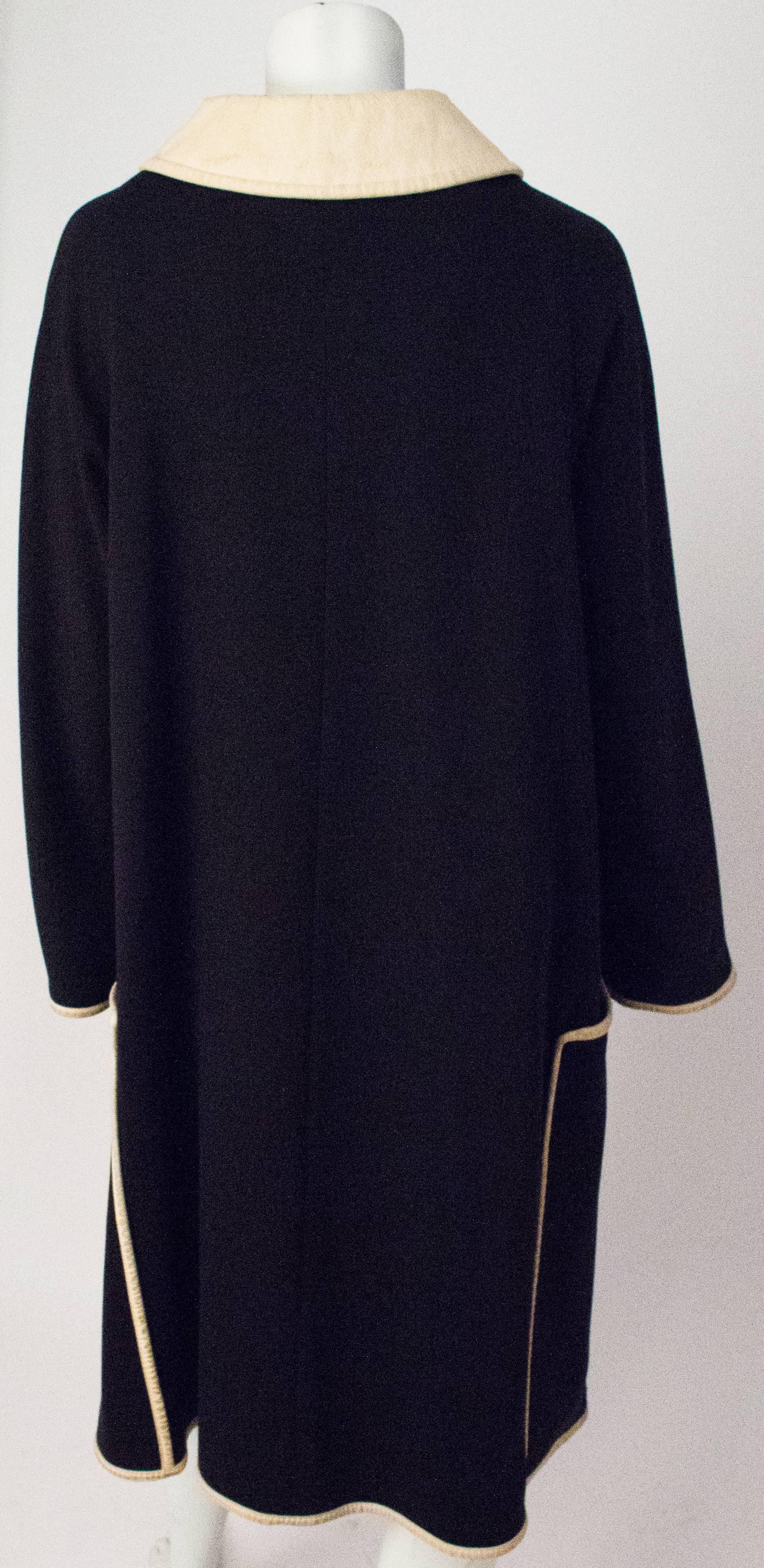 Black 60s Coat with Leather Trim For Sale