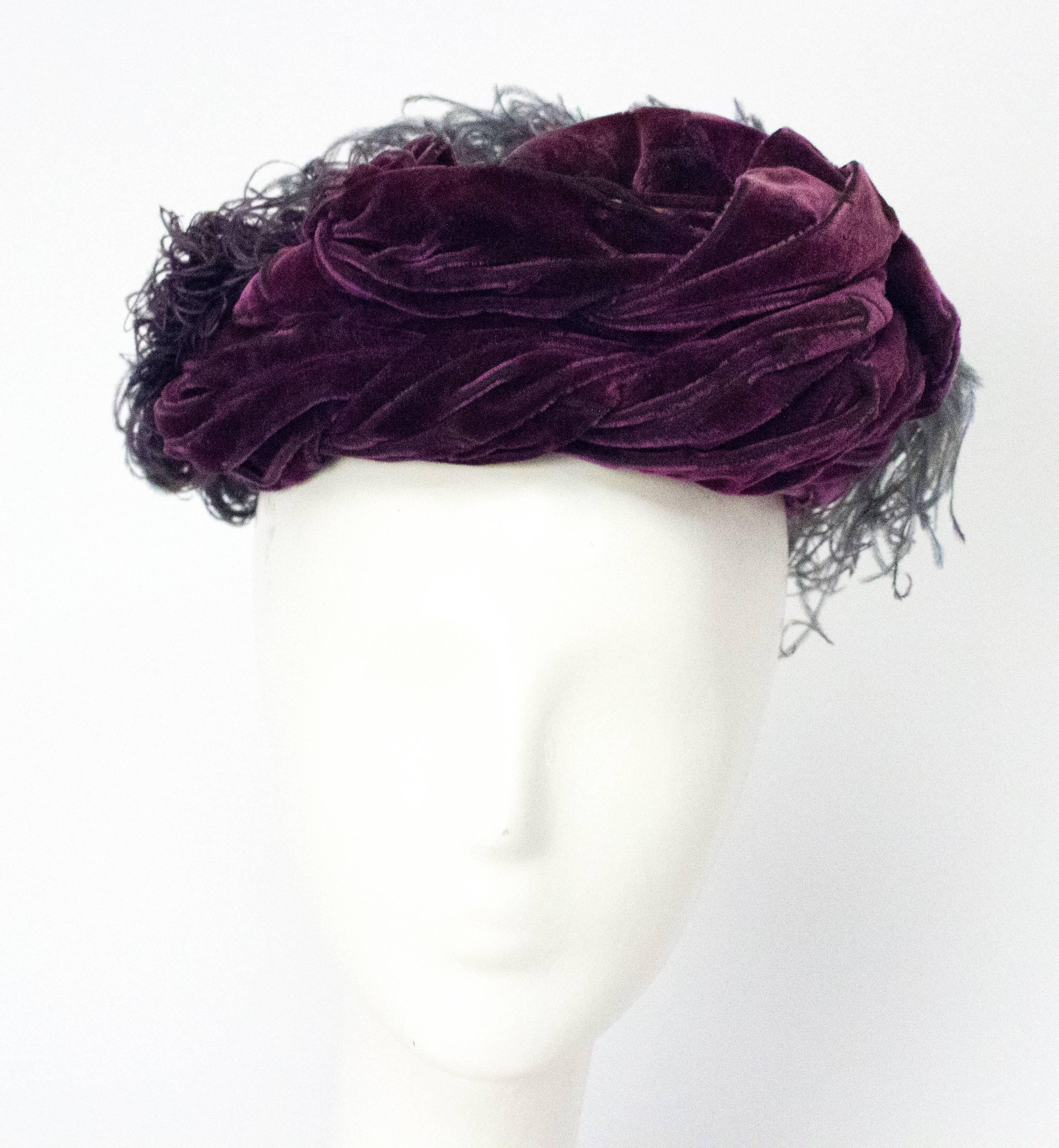 Gray 40s Purple Silk Velvet Turban