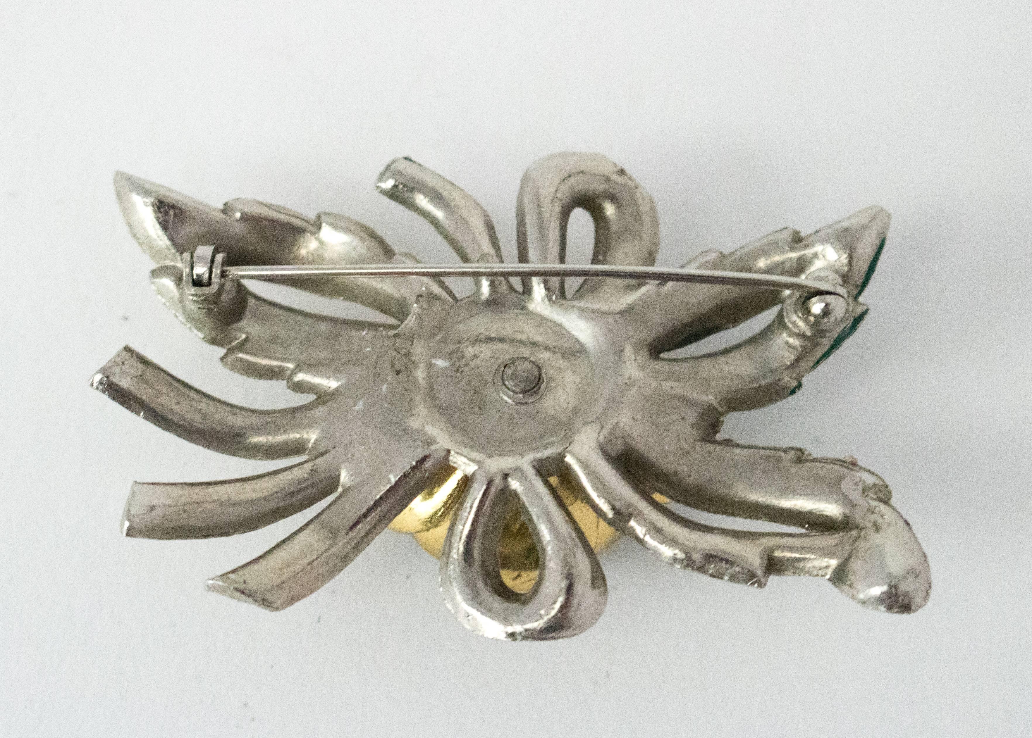 40s Sliver and Gold Tone Enamel and Crystal Flower Brooch with Spring Pistil  In Good Condition In San Francisco, CA