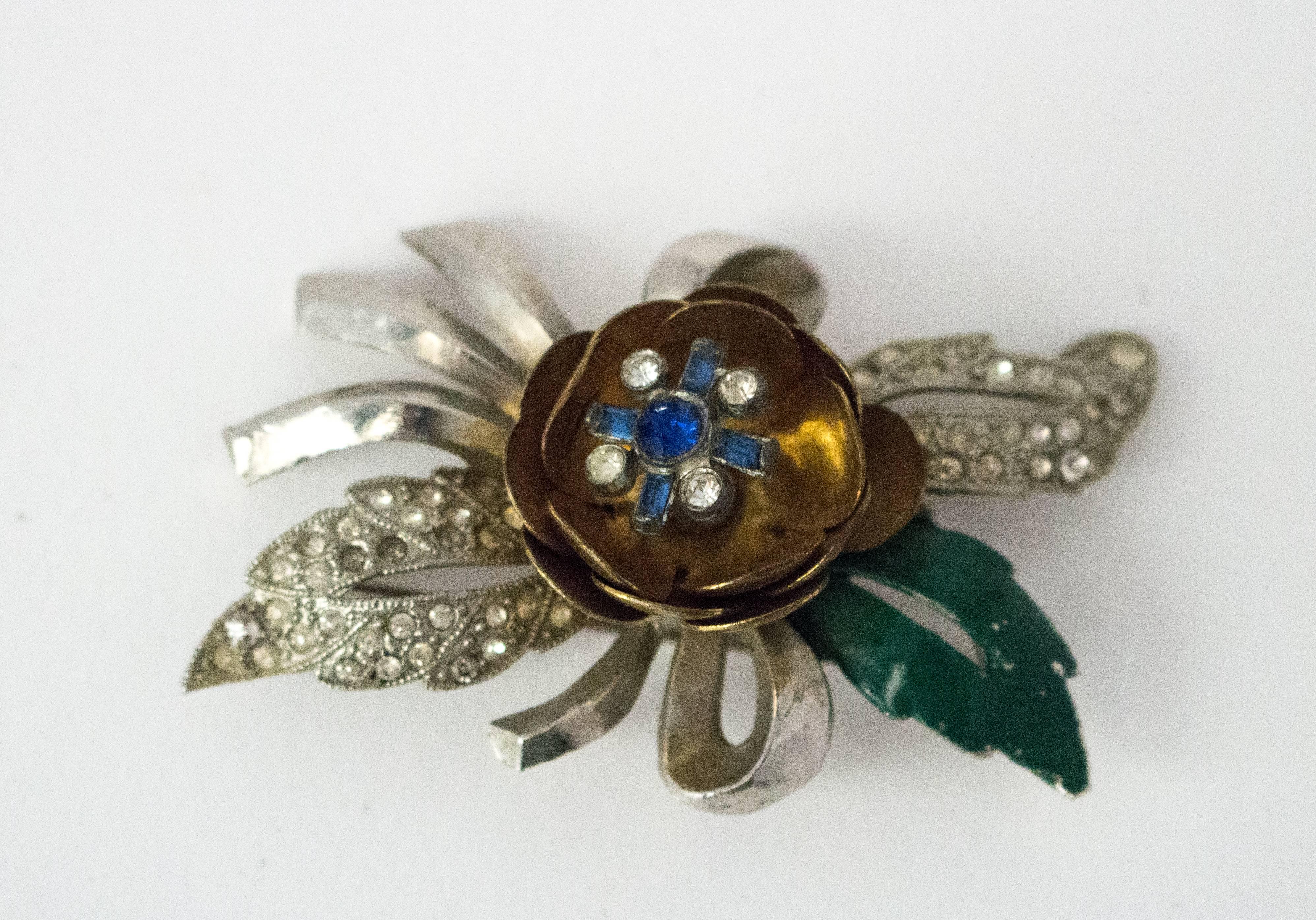 1940s Sliver and Gold Tone Enamel and Crystal Flower Brooch with Spring Pistil 