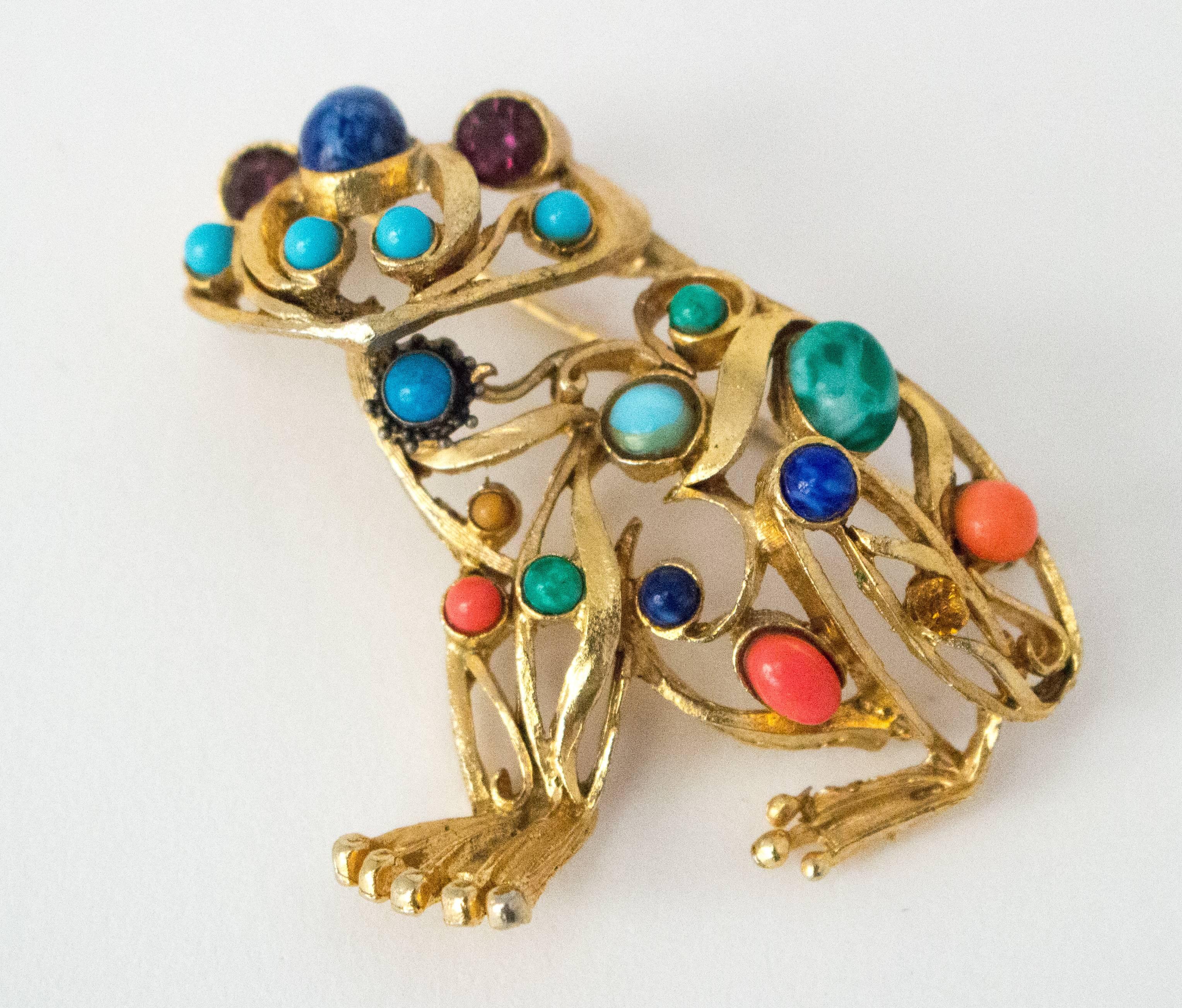 50s old Tone Frog Muti Stone Brooch In Excellent Condition In San Francisco, CA