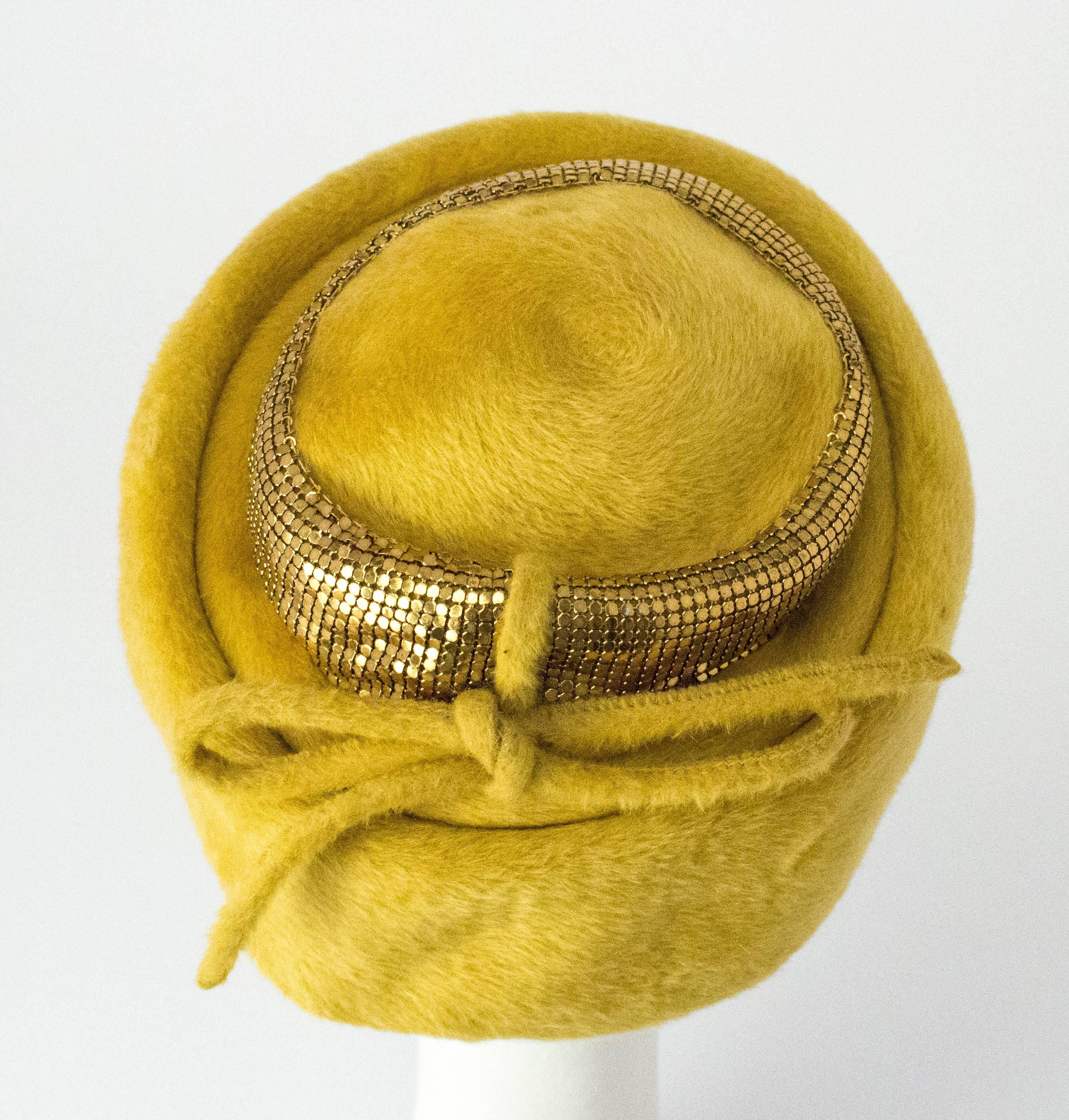 Women's  50s Leslie James Mustard Structured Hat with Metal Mess Trim  For Sale