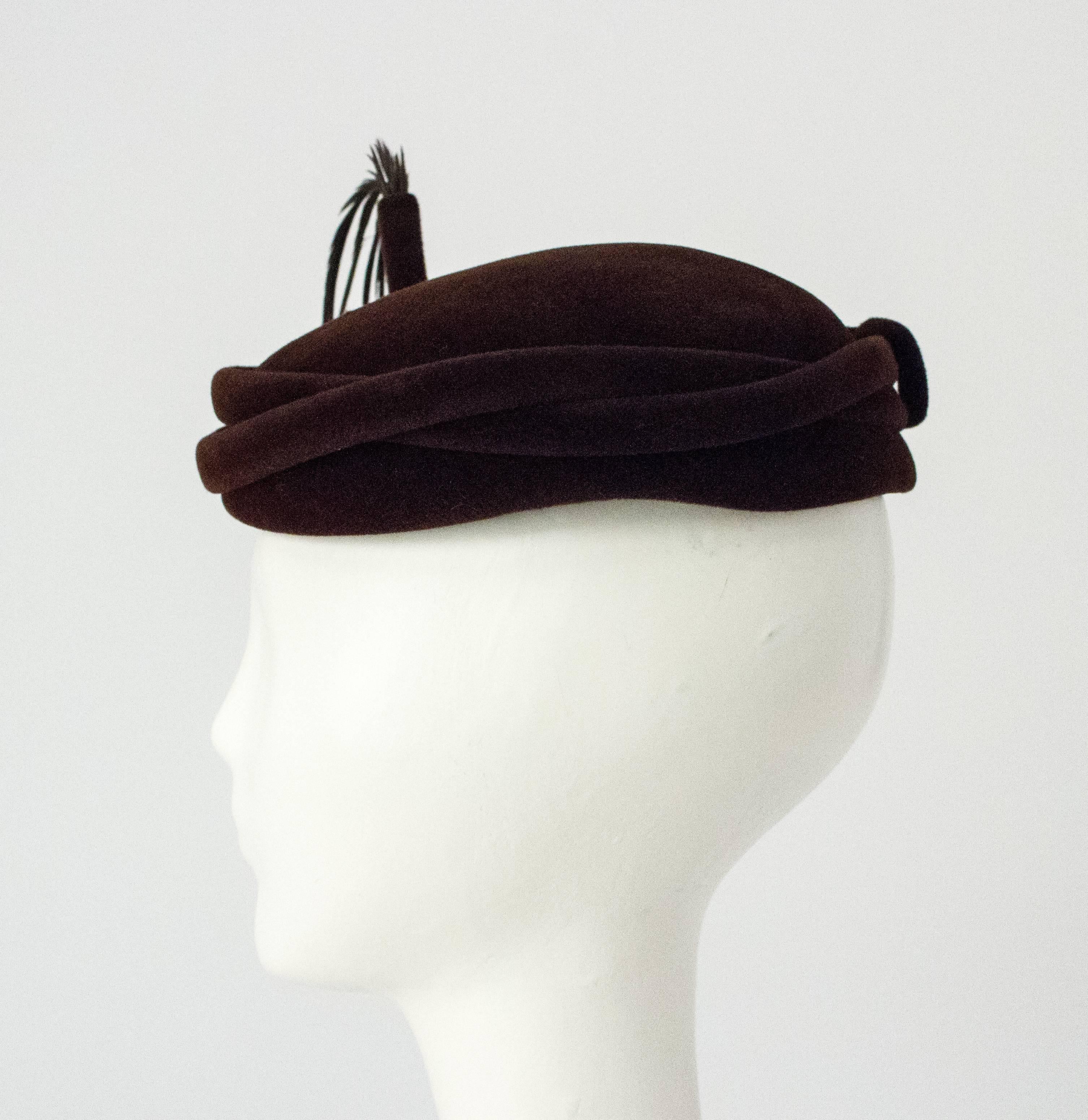 Black 50s Italian Velvet Twist Brim Hat with Feather