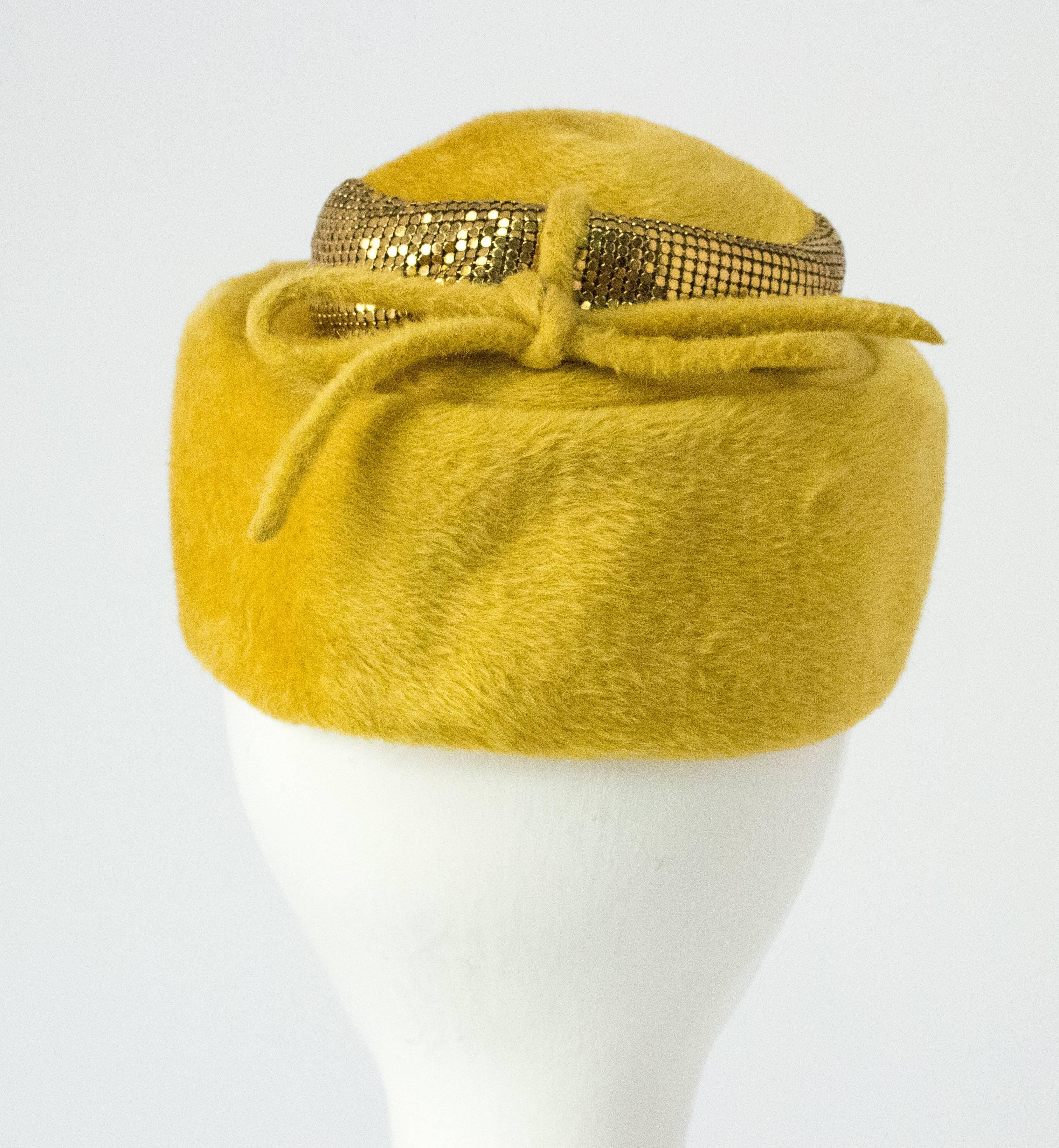  50s Leslie James Mustard Structured Hat with Metal Mess Trim  For Sale 1