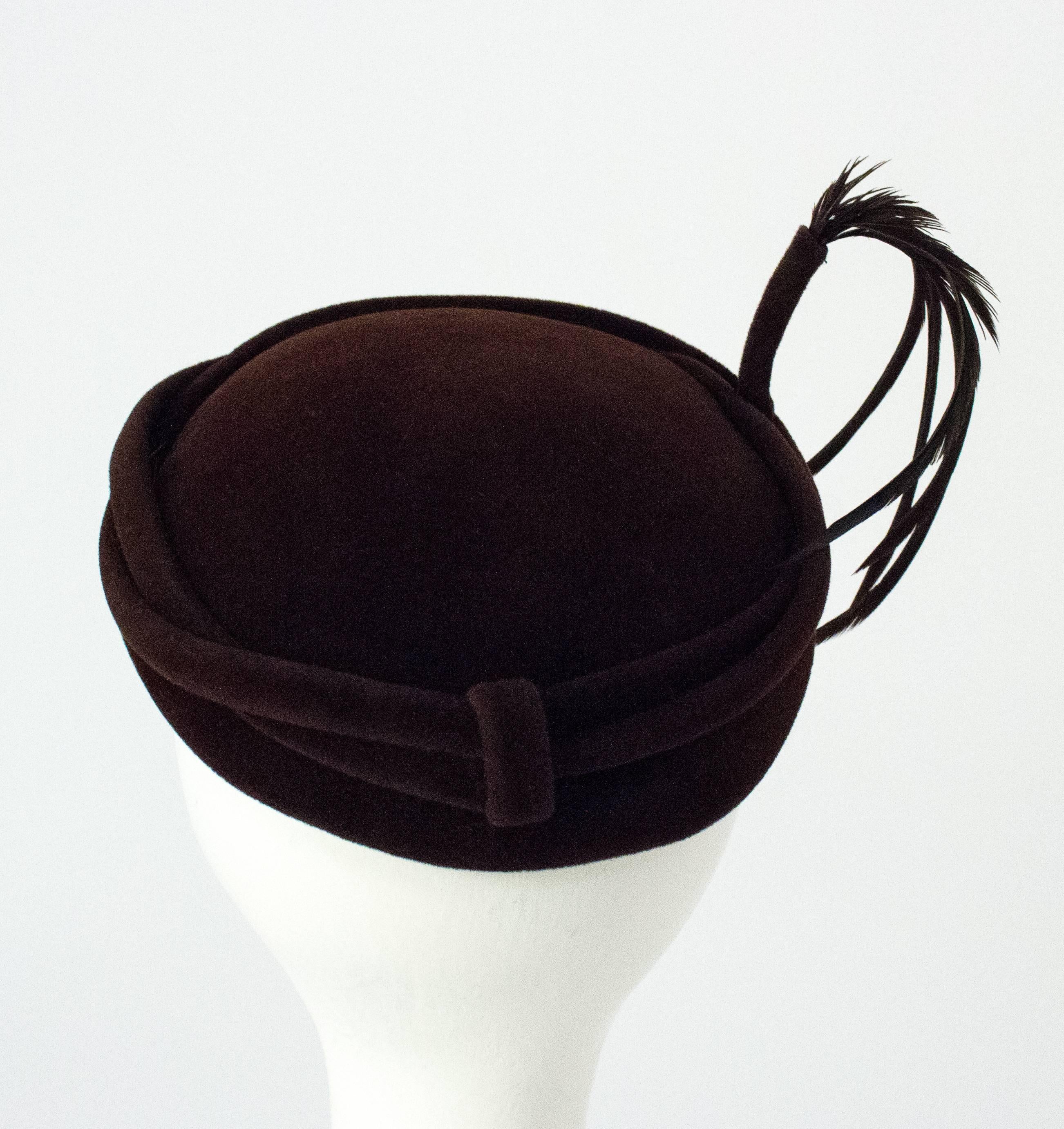 50s Italian Velvet Twist Brim Hat with Feather In Excellent Condition In San Francisco, CA