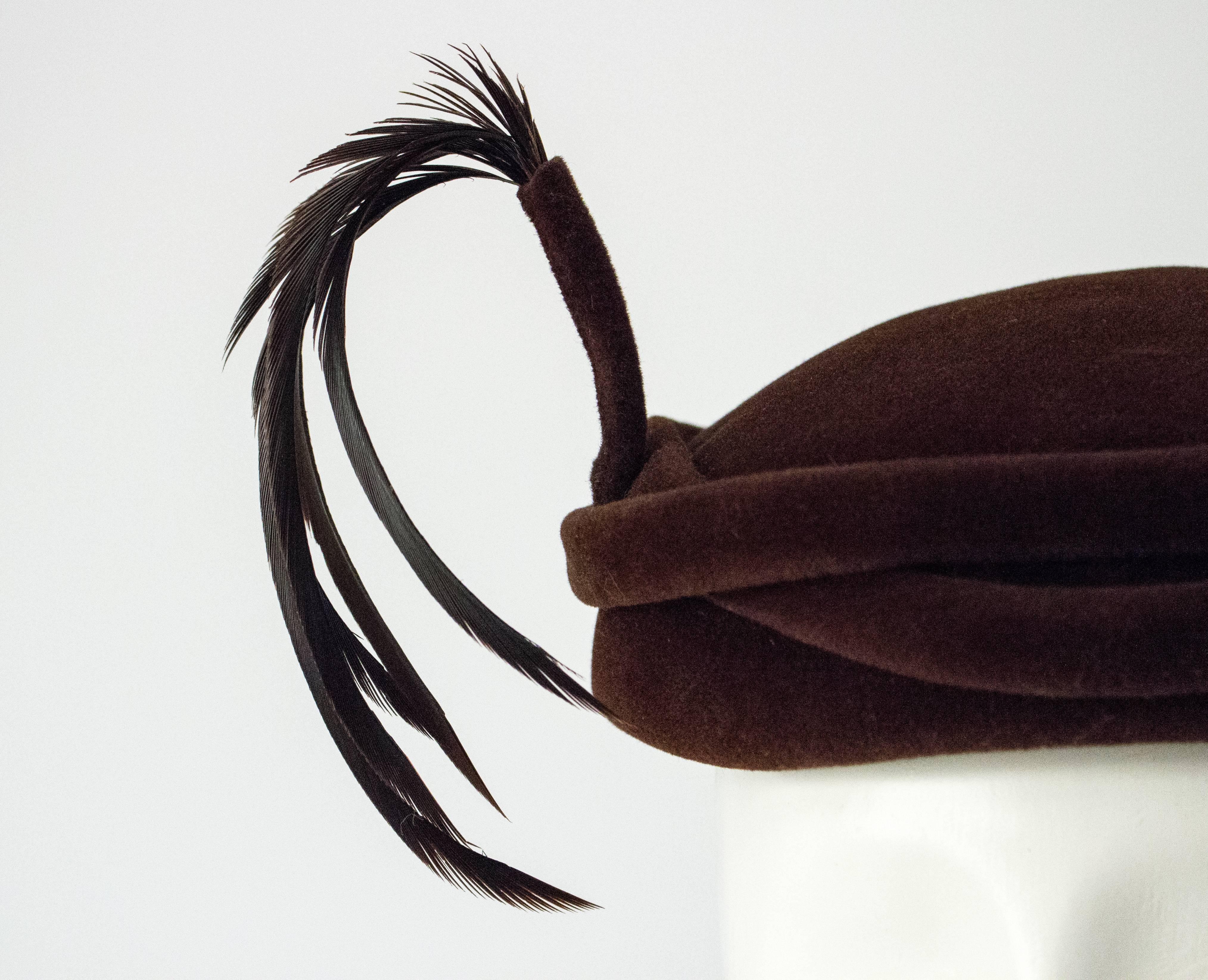 50s Italian Velvet Twist Brim Hat with Feather 1