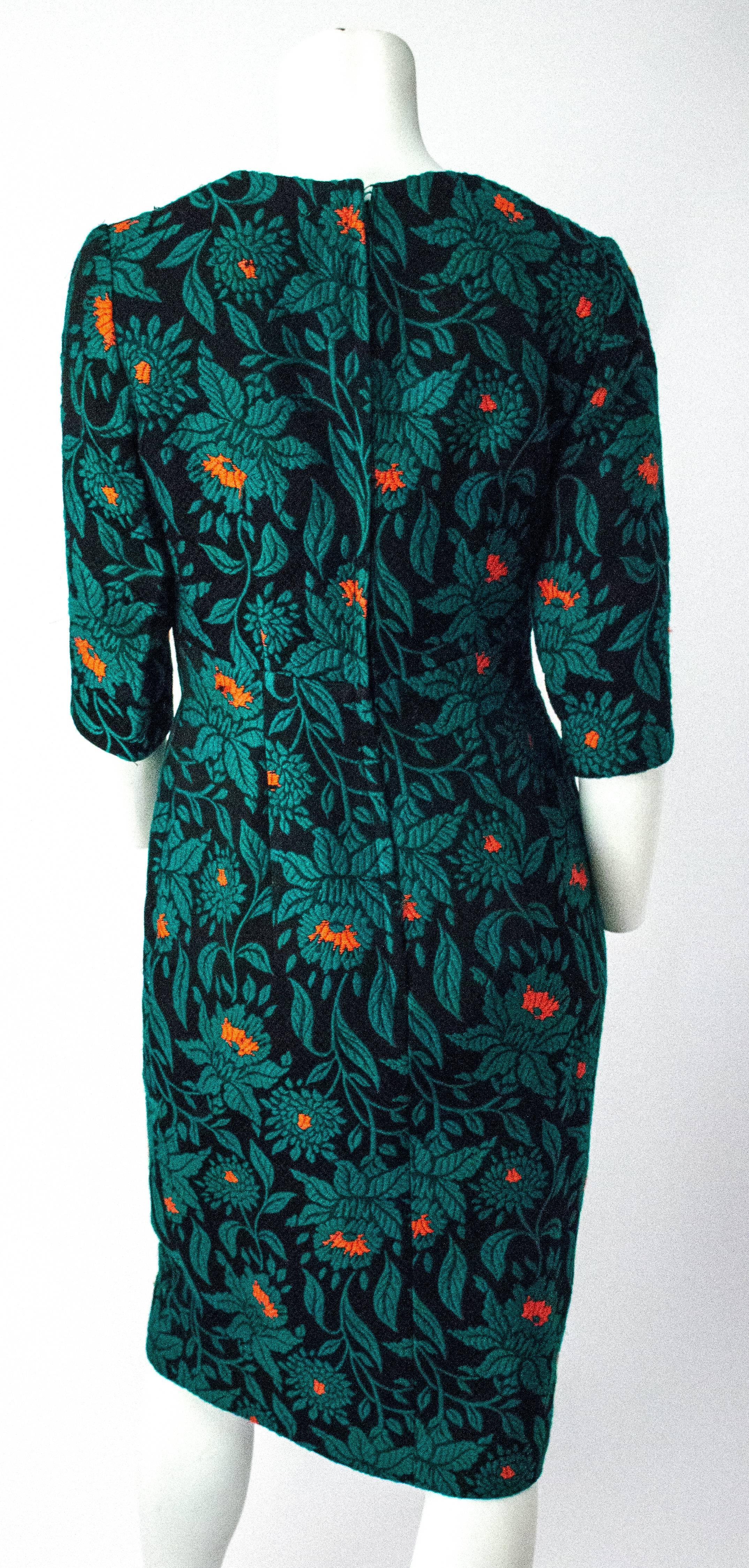 Black 50s Green Wool Brocade Dress For Sale