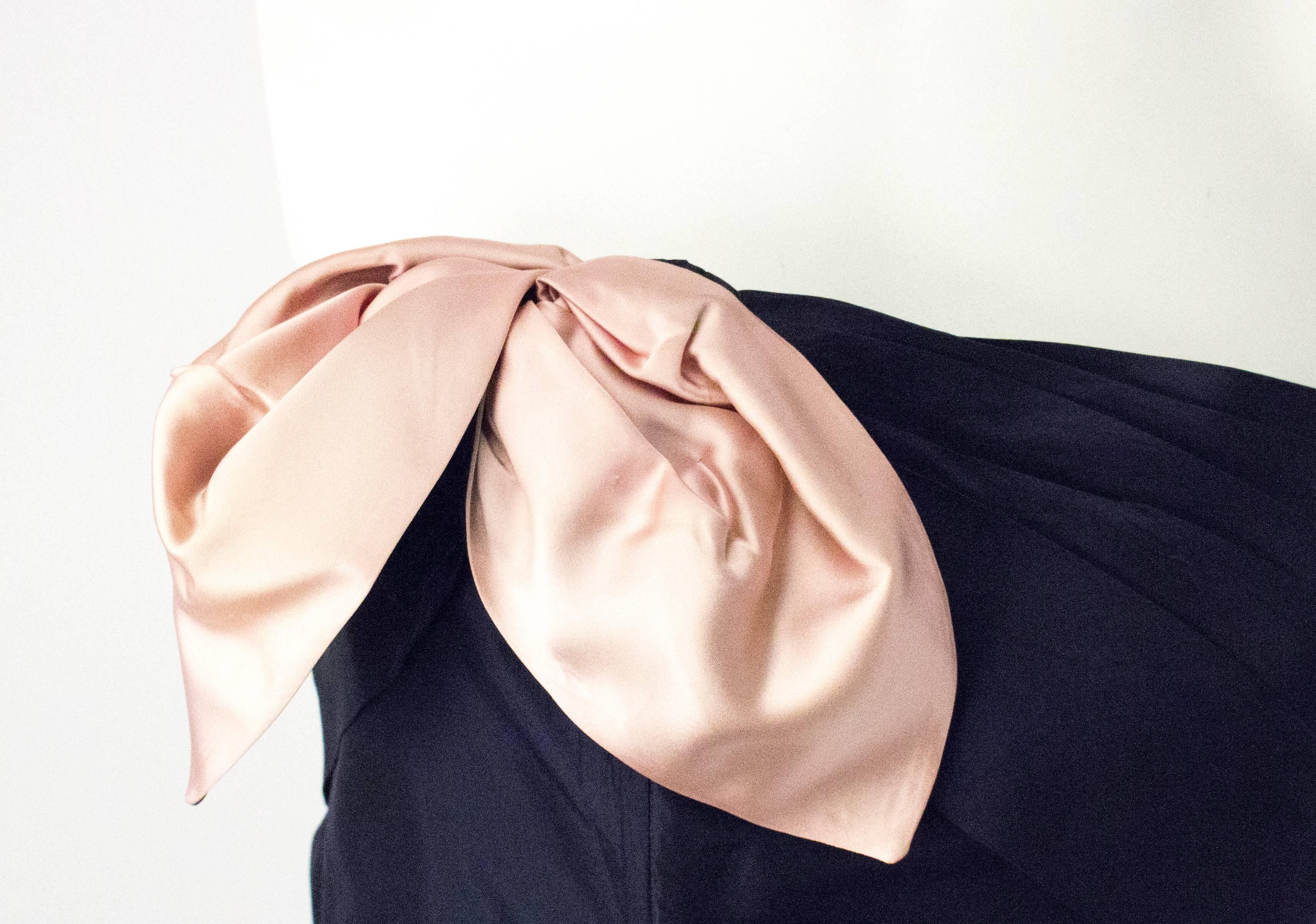 Black 50s Navy Taffeta Strapless Gown with Pink Satin Hip & Bust Bow For Sale