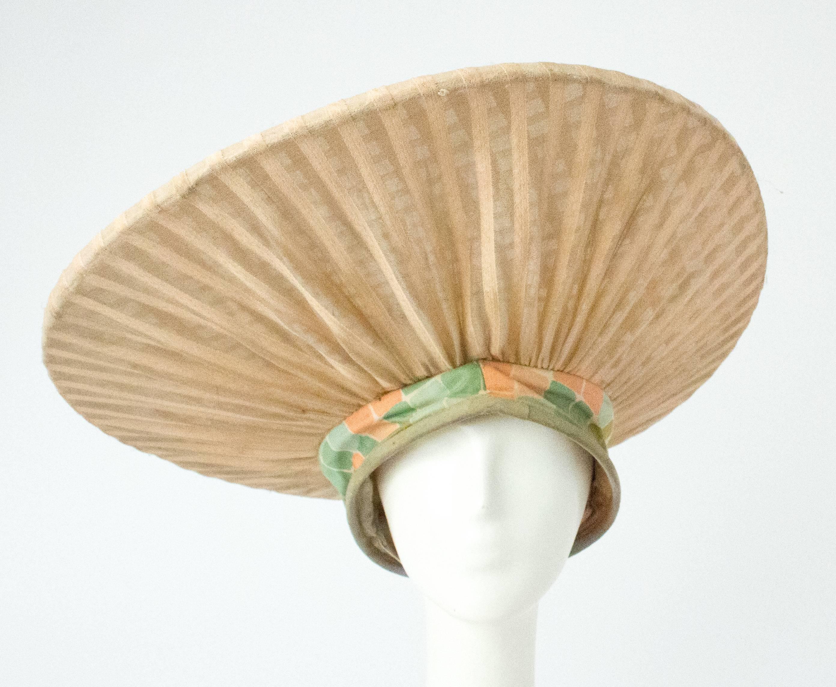40s Surrealist Sheer Peach Stripe Avant Garde Hat. Large round structural hat with sheer chiffon overlay and printed hat base. 
