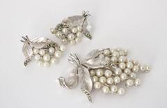 60s Trifari Silver Tone Pearl Bouquet Brooch and Earring Set