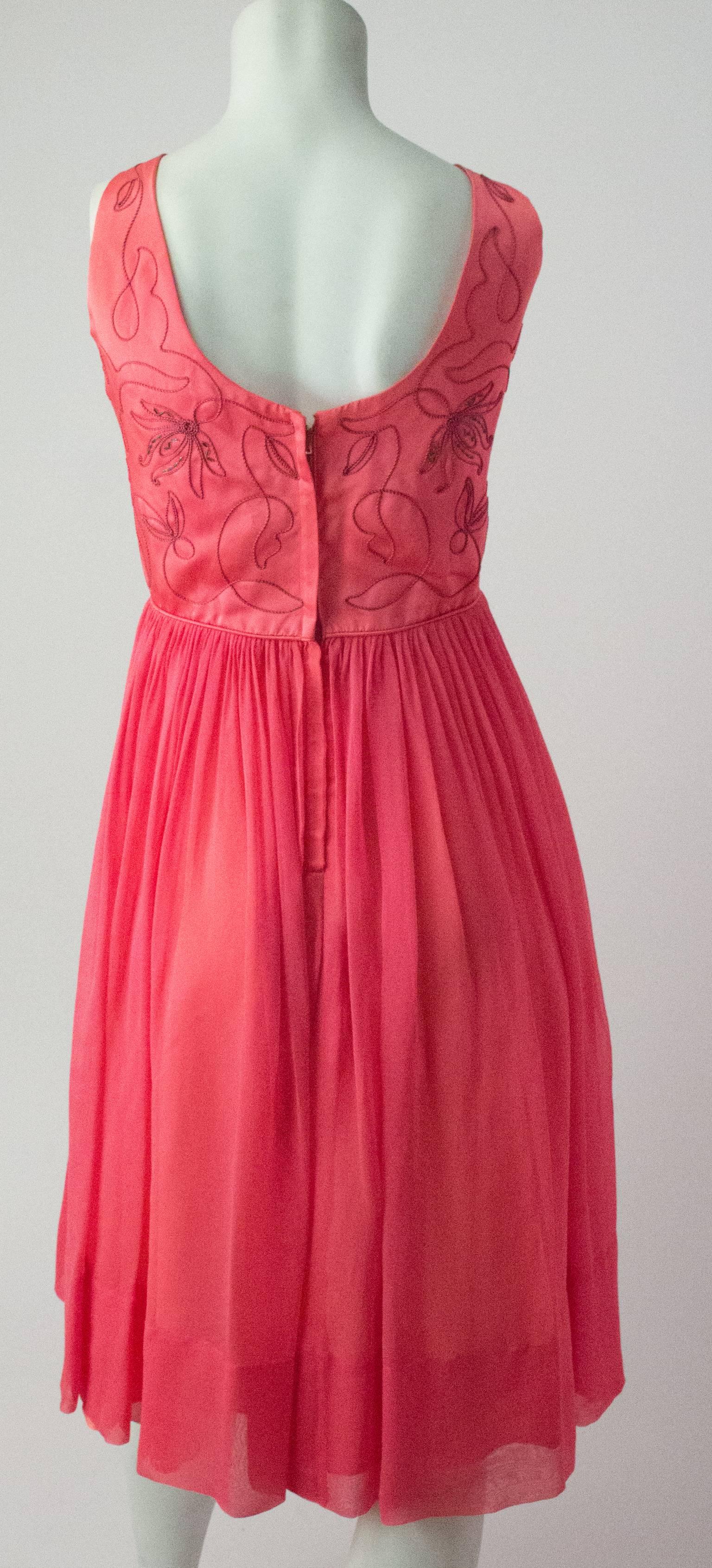 50s Pink Satin Embroidered Bodice Cocktail Dress Chiffon Skirt.