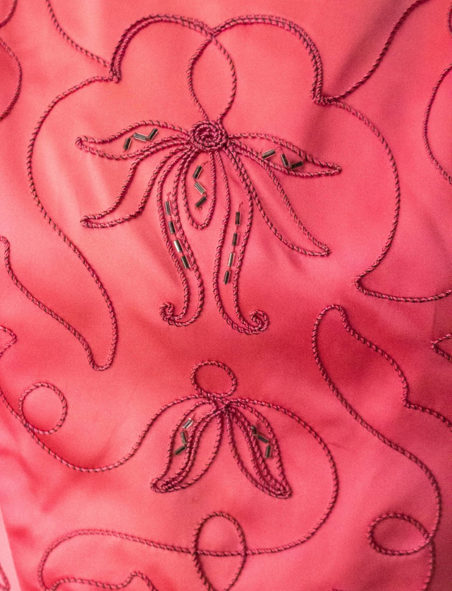 50s Pink Satin Embroidered Bodice Cocktail Dress In Excellent Condition For Sale In San Francisco, CA