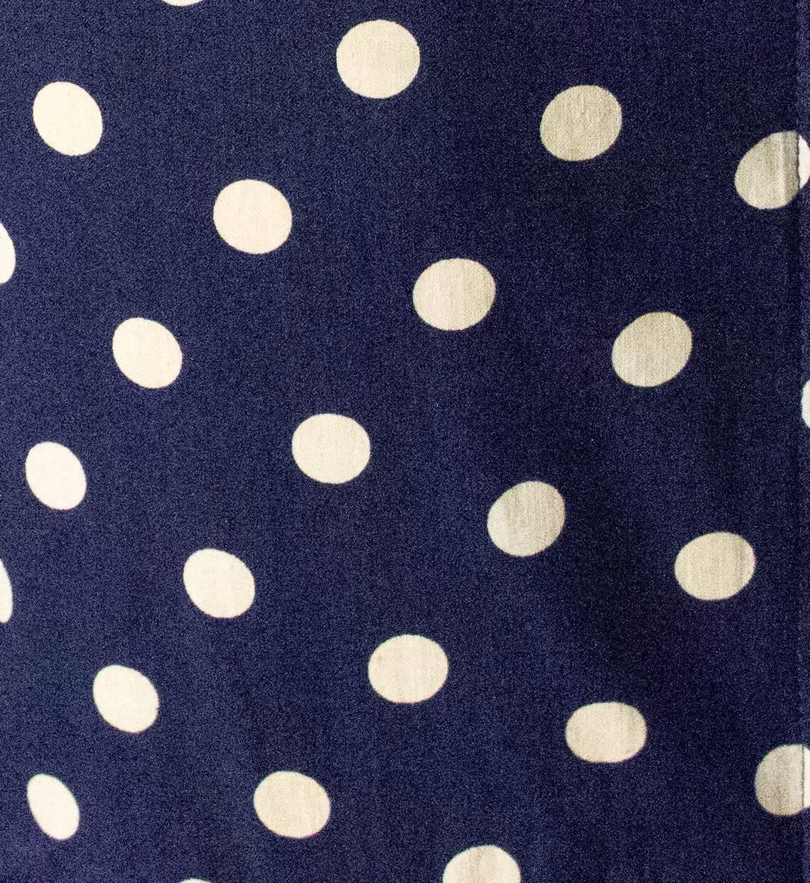 50s Navy Blue & Ivory Polka Dot Dress with Full Gathered Skirt. Metal zipper up the back. Rushed bodice.