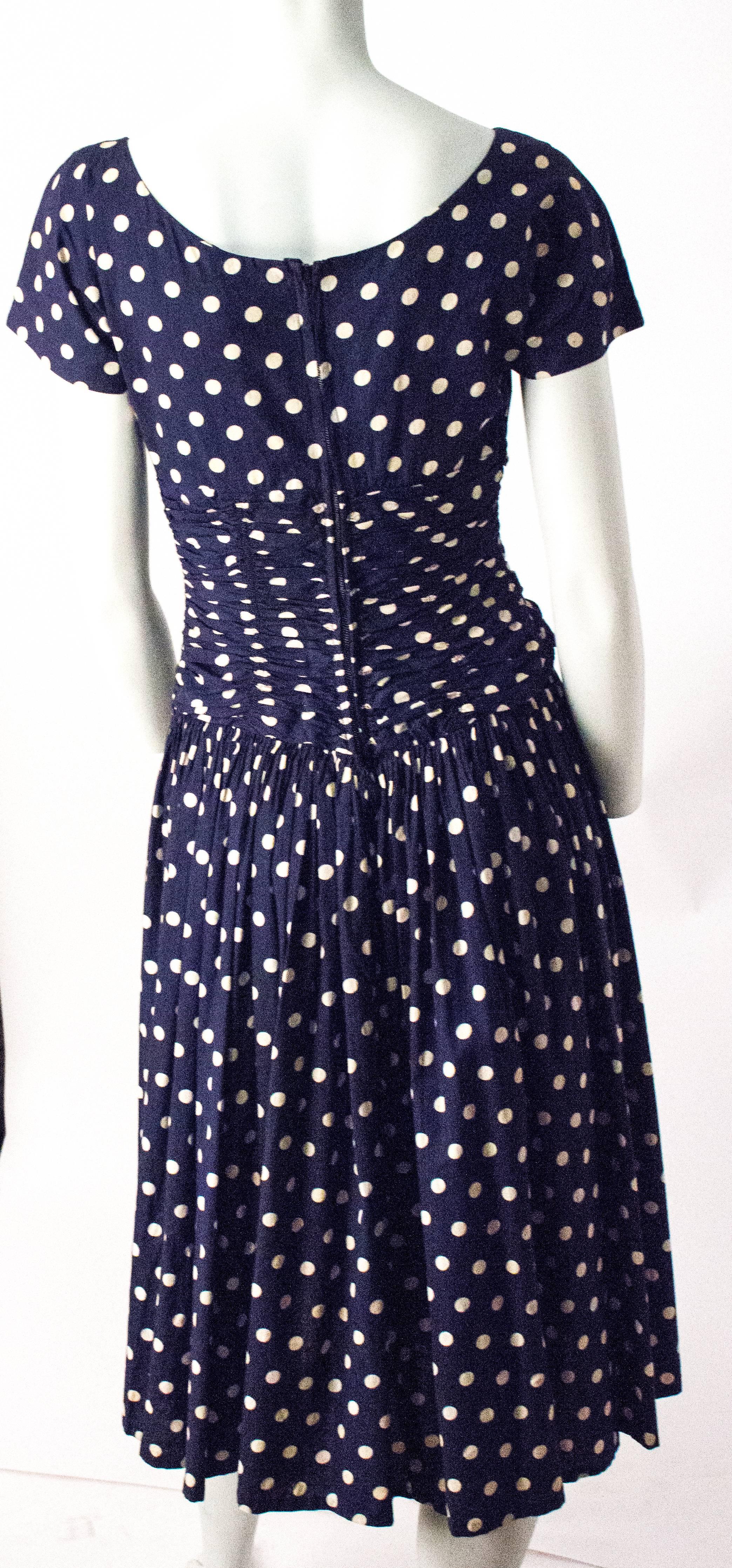 50s Navy Blue and Ivory Polka Dot Dress with Full Gathered Skirt For ...