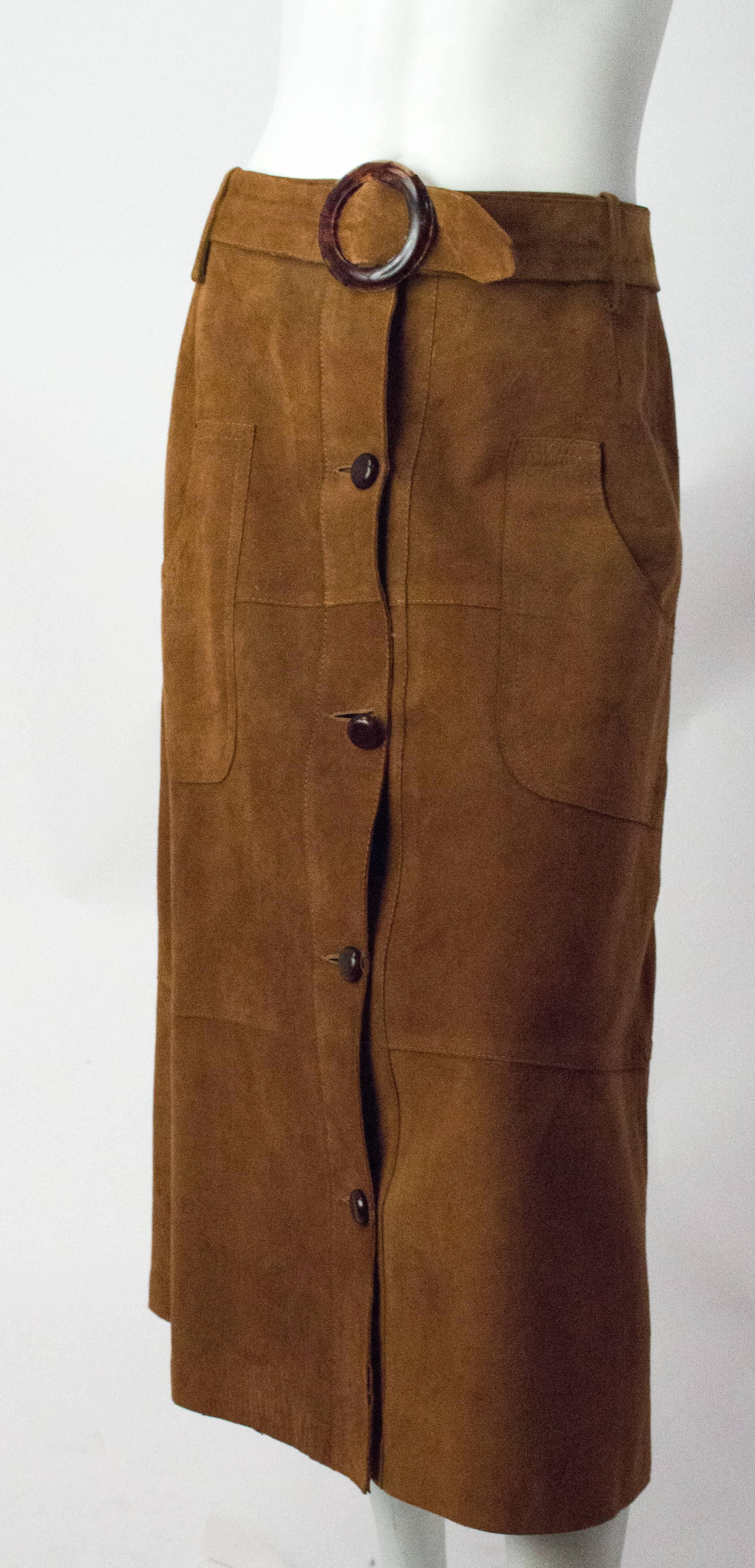 70s Tan Belted Suede Button-Up Skirt. Fully lined. 