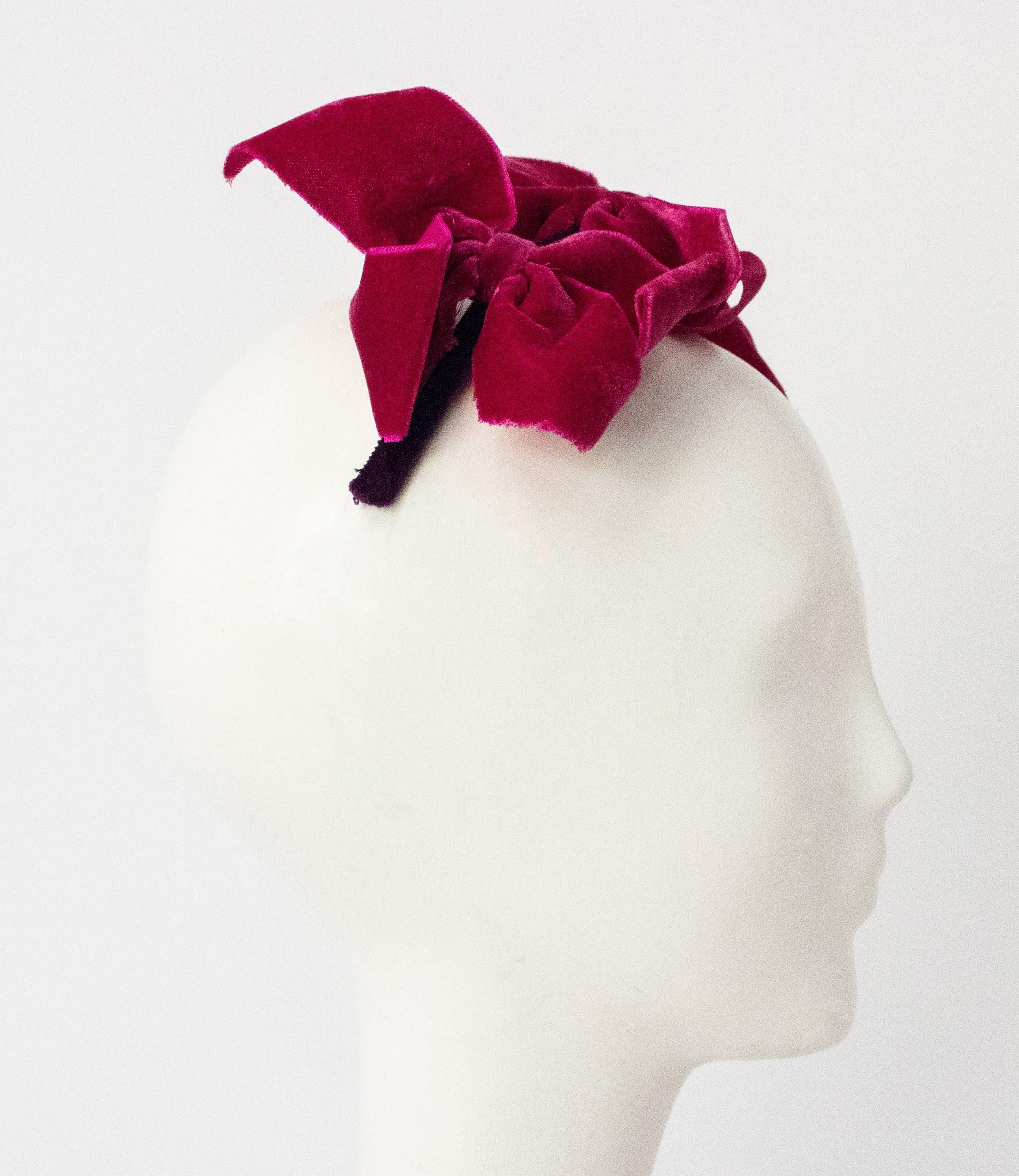 Gray 40s Pink & Purple Velvet Cocktail Hat with Feather Pouf
