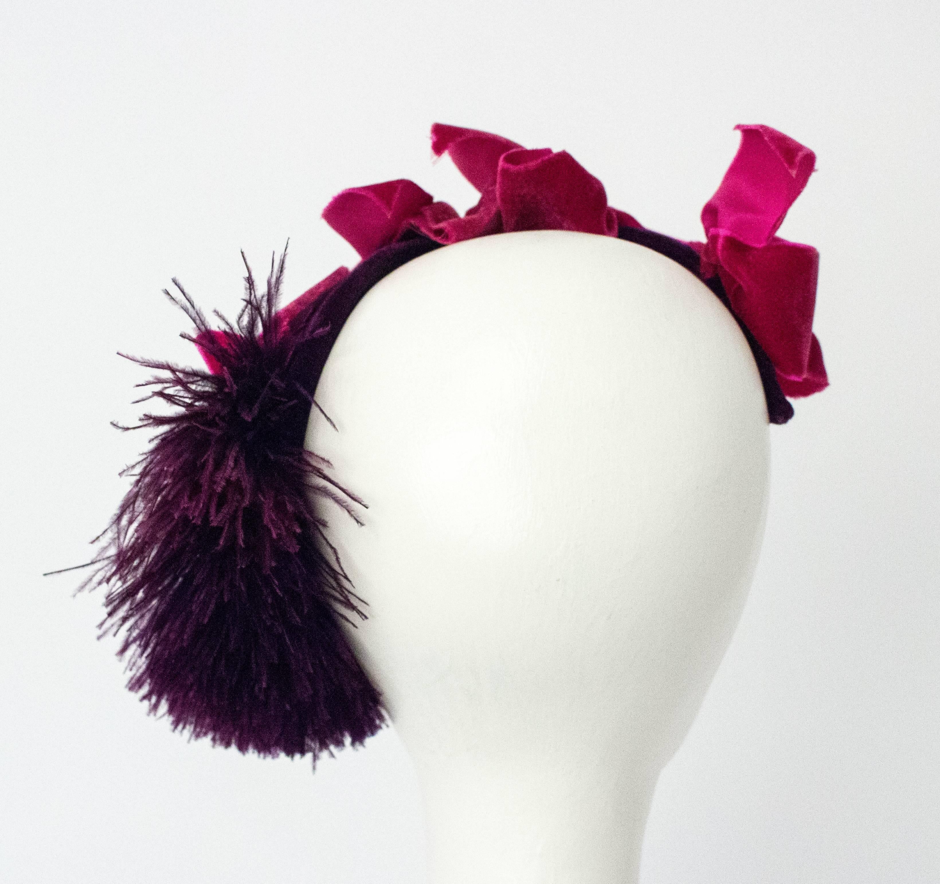 40s Pink & Purple Velvet Cocktail Hat with Feather Pouf In Excellent Condition In San Francisco, CA