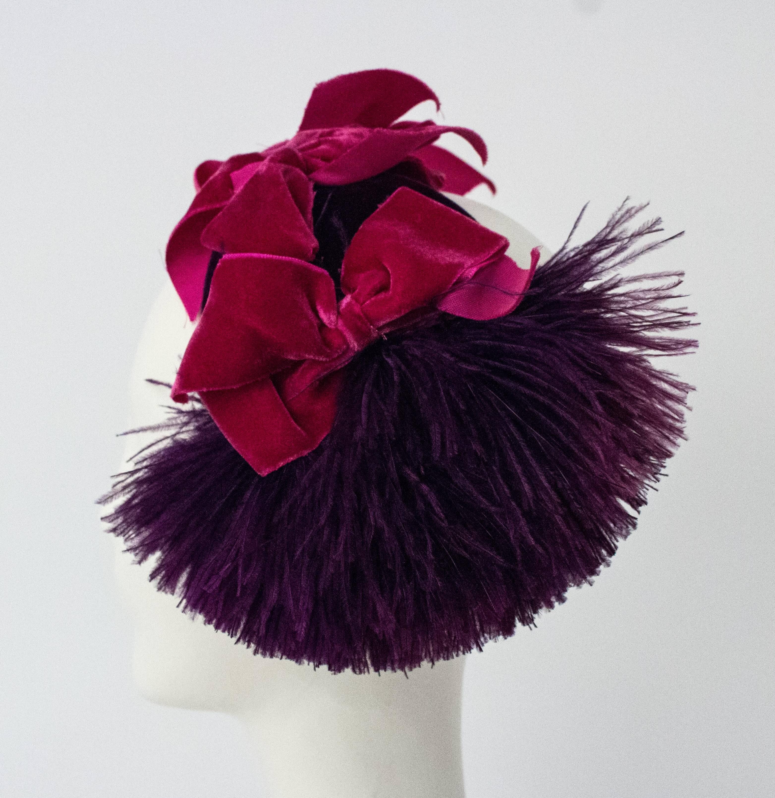 Women's 40s Pink & Purple Velvet Cocktail Hat with Feather Pouf