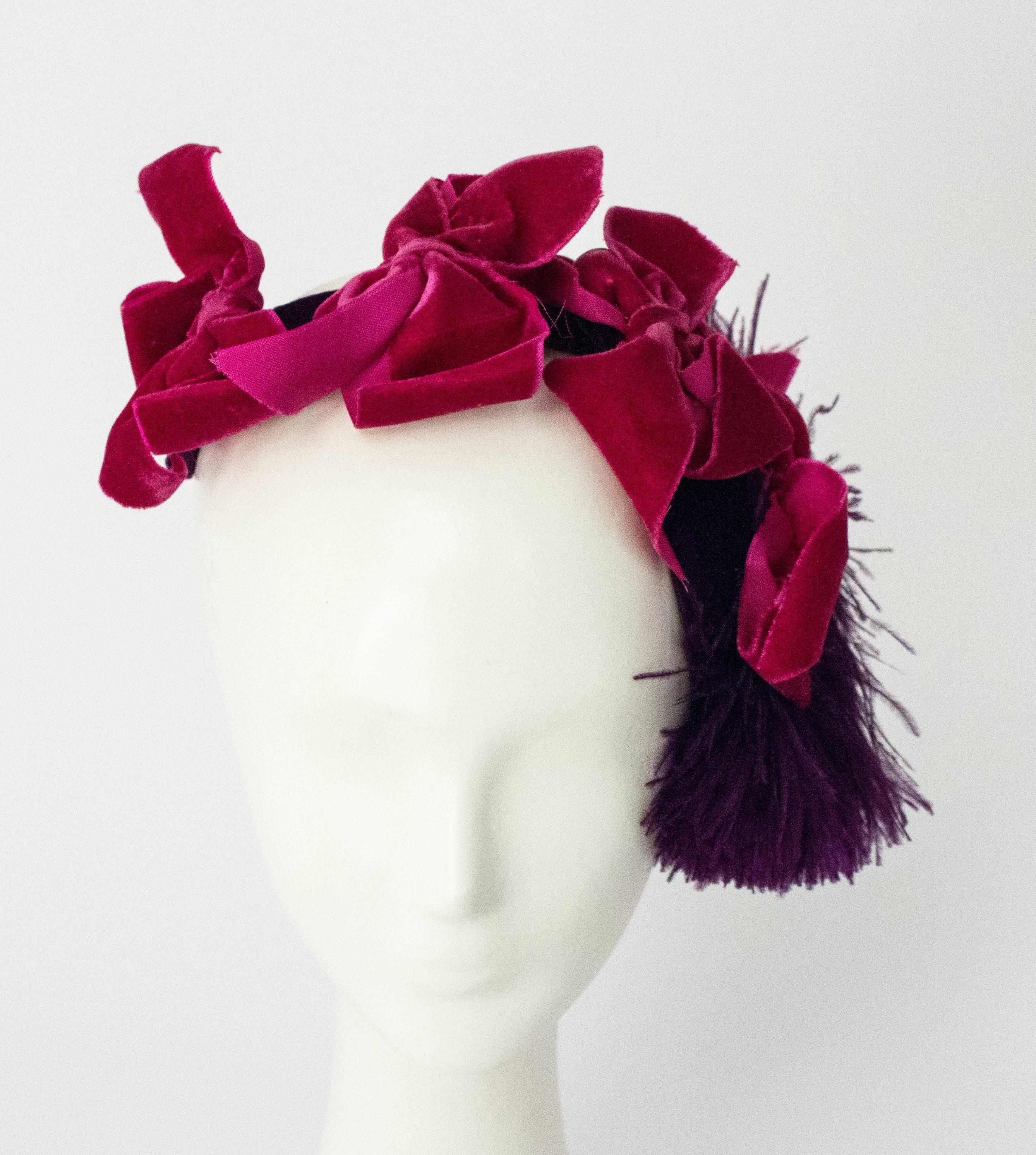 40s Pink & Purple Velvet Cocktail Hat with Feather Pouf. Structured wire frame along bows. 