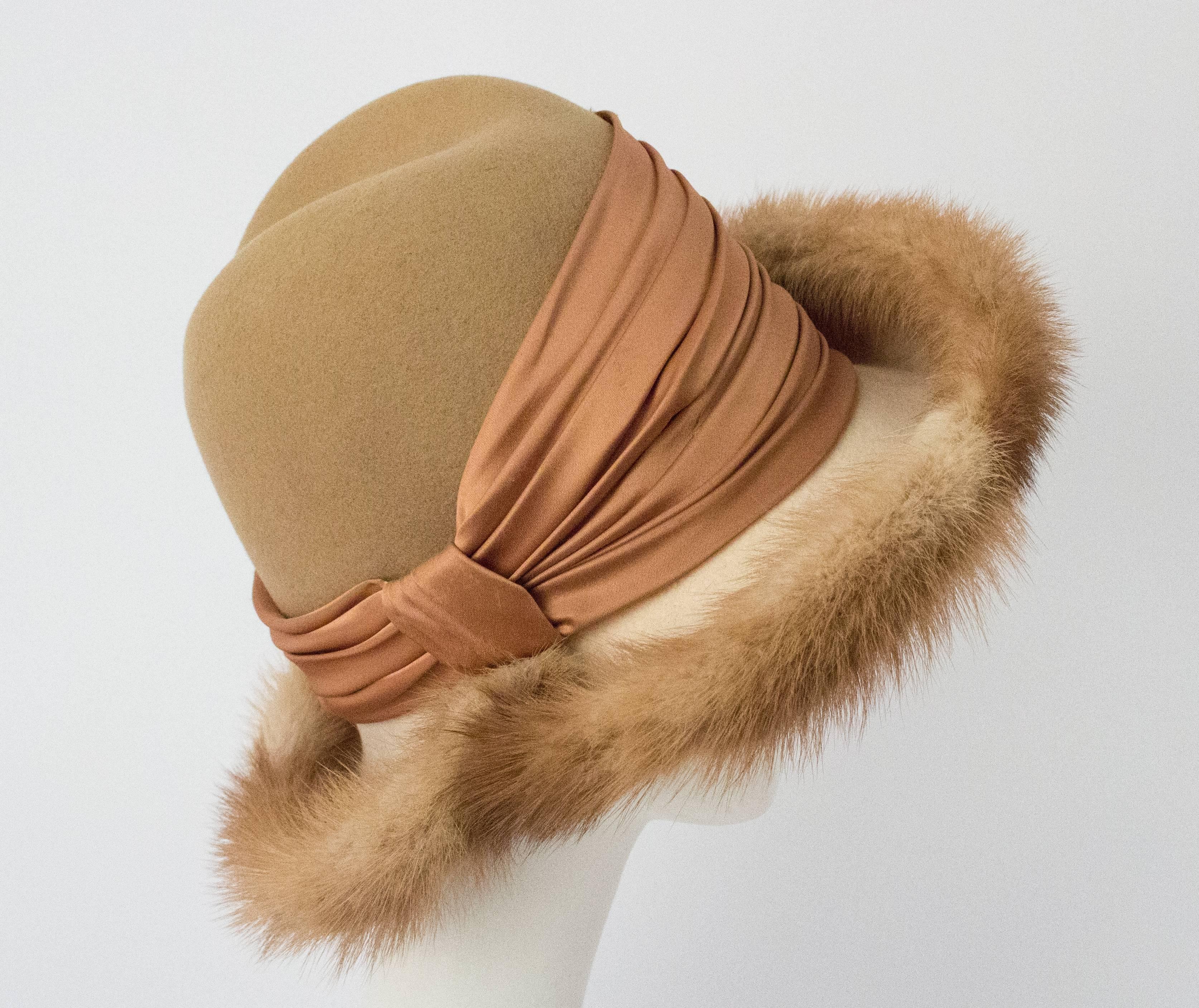 70s Tan Mink Trimmed Hat In Excellent Condition In San Francisco, CA