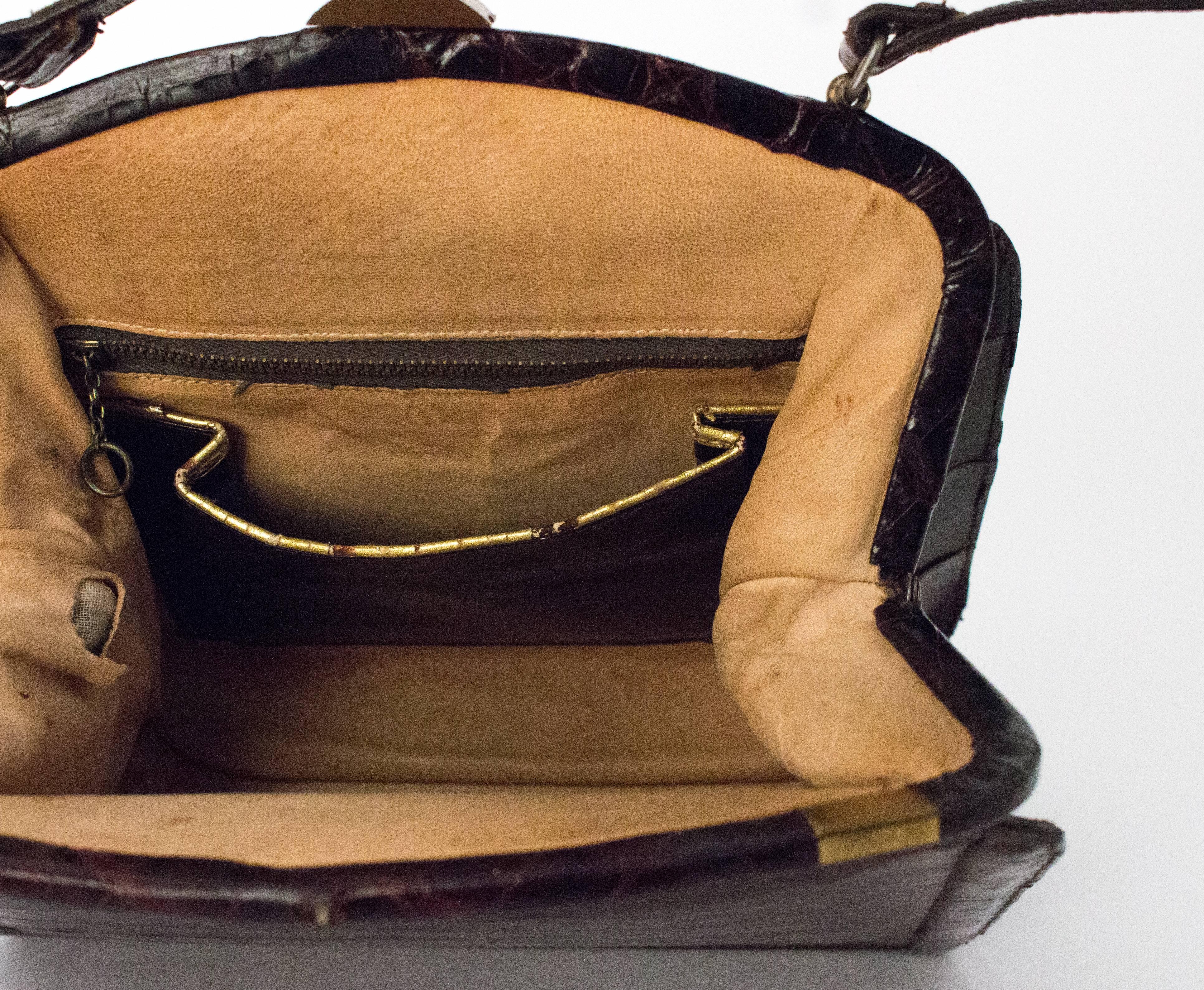 Black 40s Dark Brown Alligator Handbag For Sale