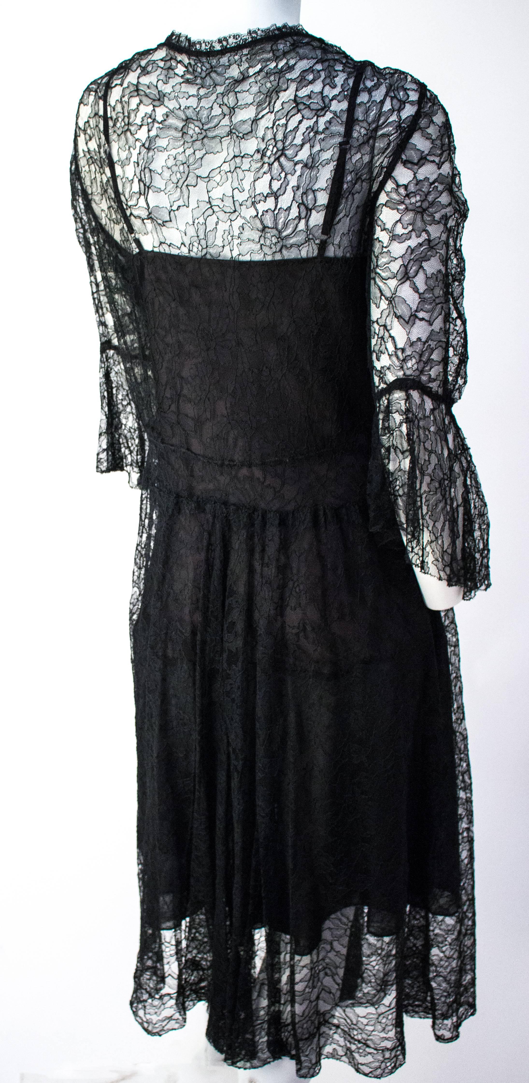 70s Black Lace Dress and Slip. No closures.