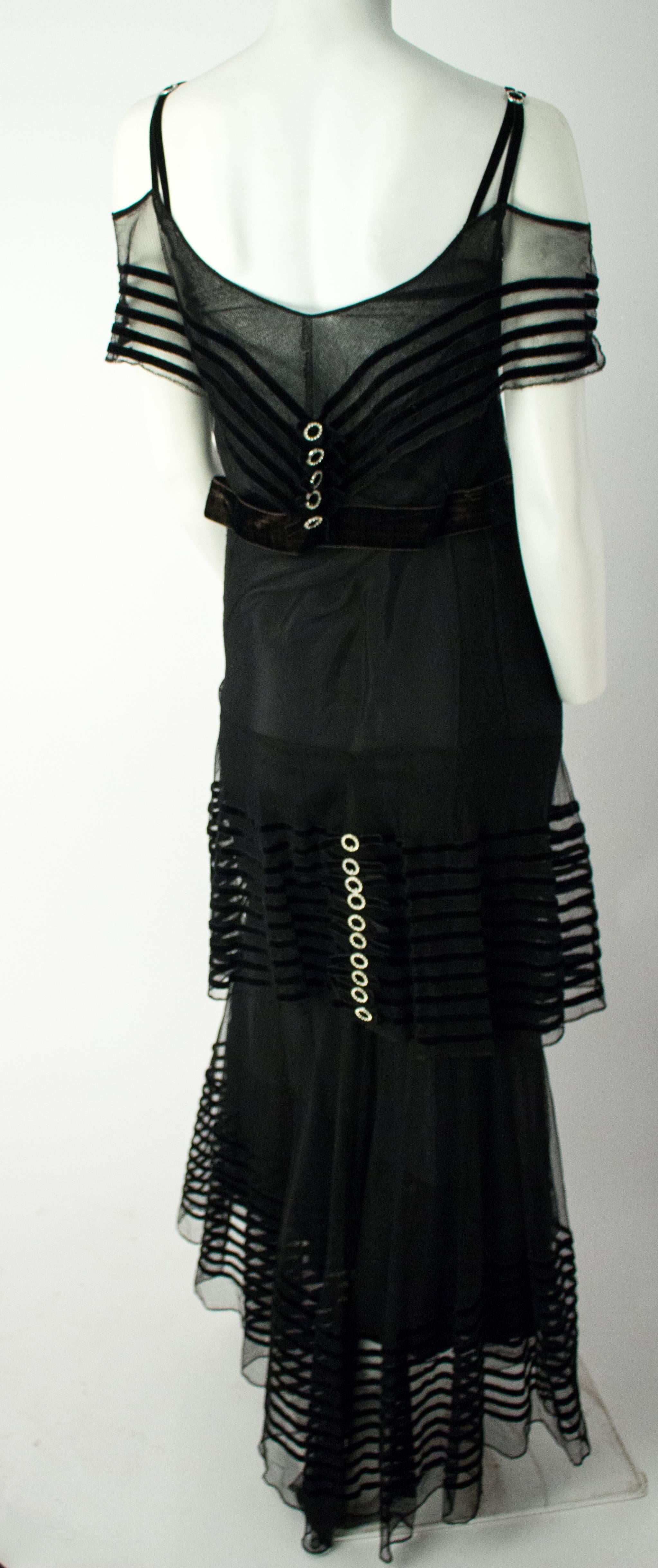 30s Black Mesh Evening Gown w/ Velvet Trim In Excellent Condition In San Francisco, CA