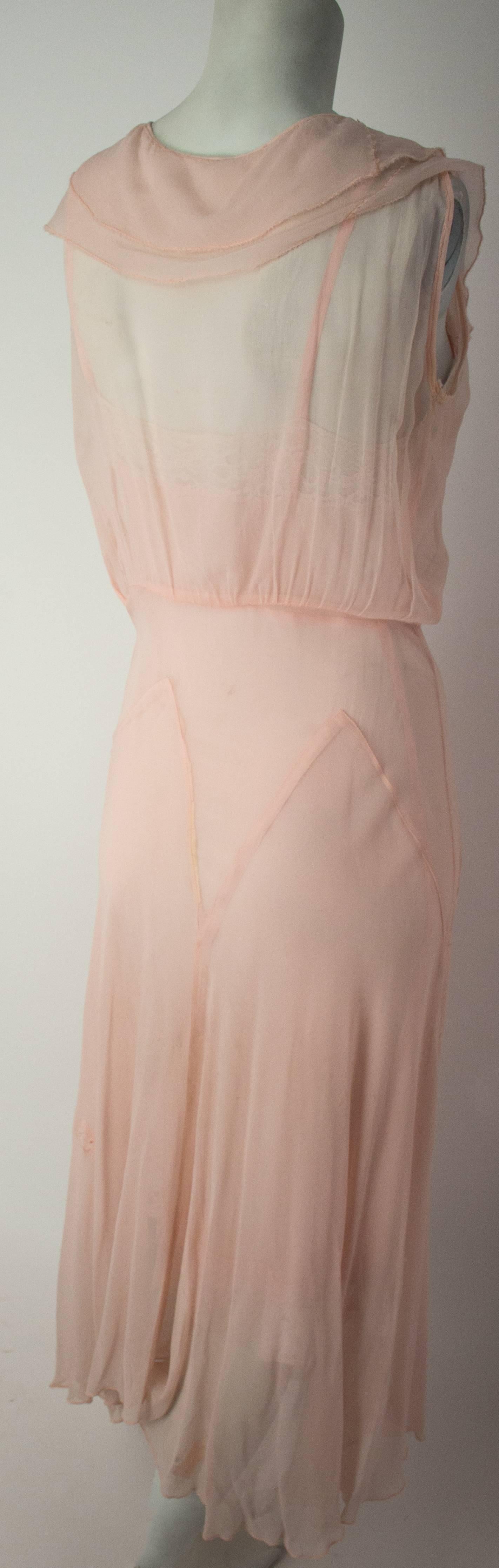 Late 20s Pink Silk Chiffon Ruffle Dress. Slip included, not original 20s. Side snap closure. 