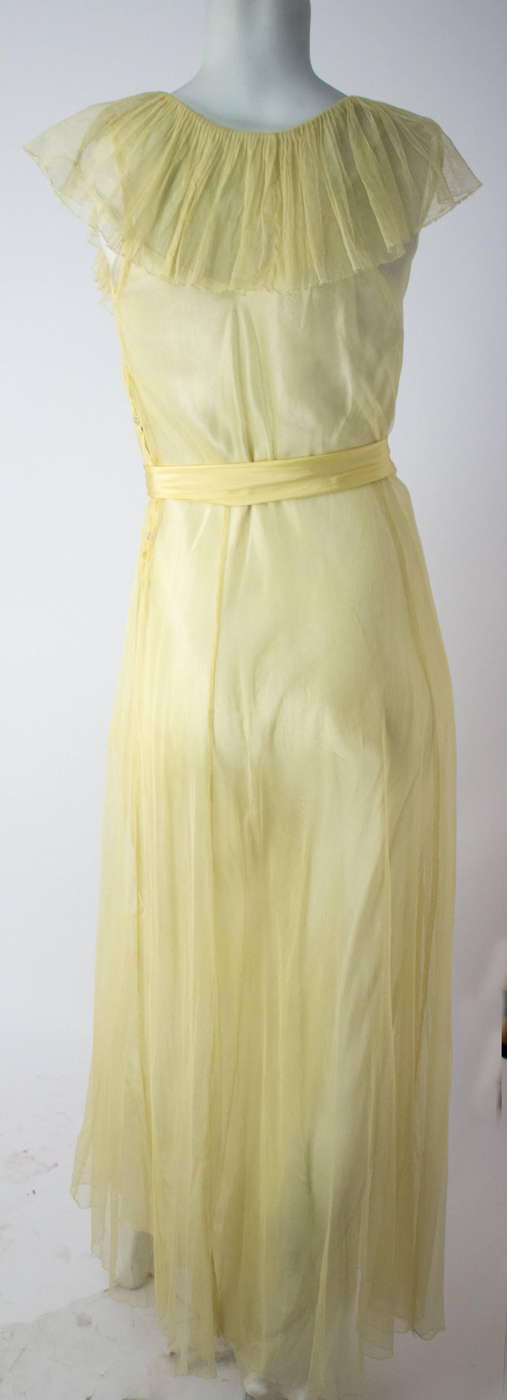 30s Yellow Mesh Gown and Slip. Side snap closures.
