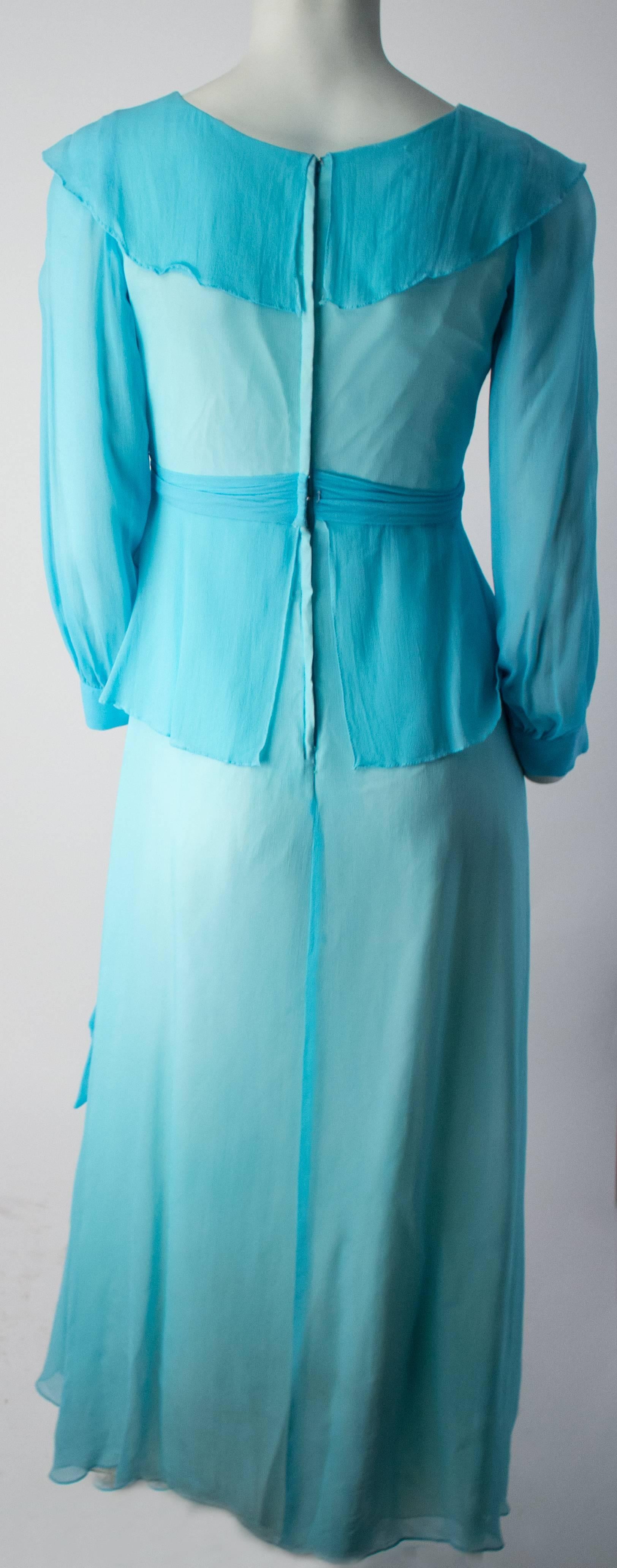 1960s Sky Blue Silk Chiffon Ruffle Dress. Metal back zip. 