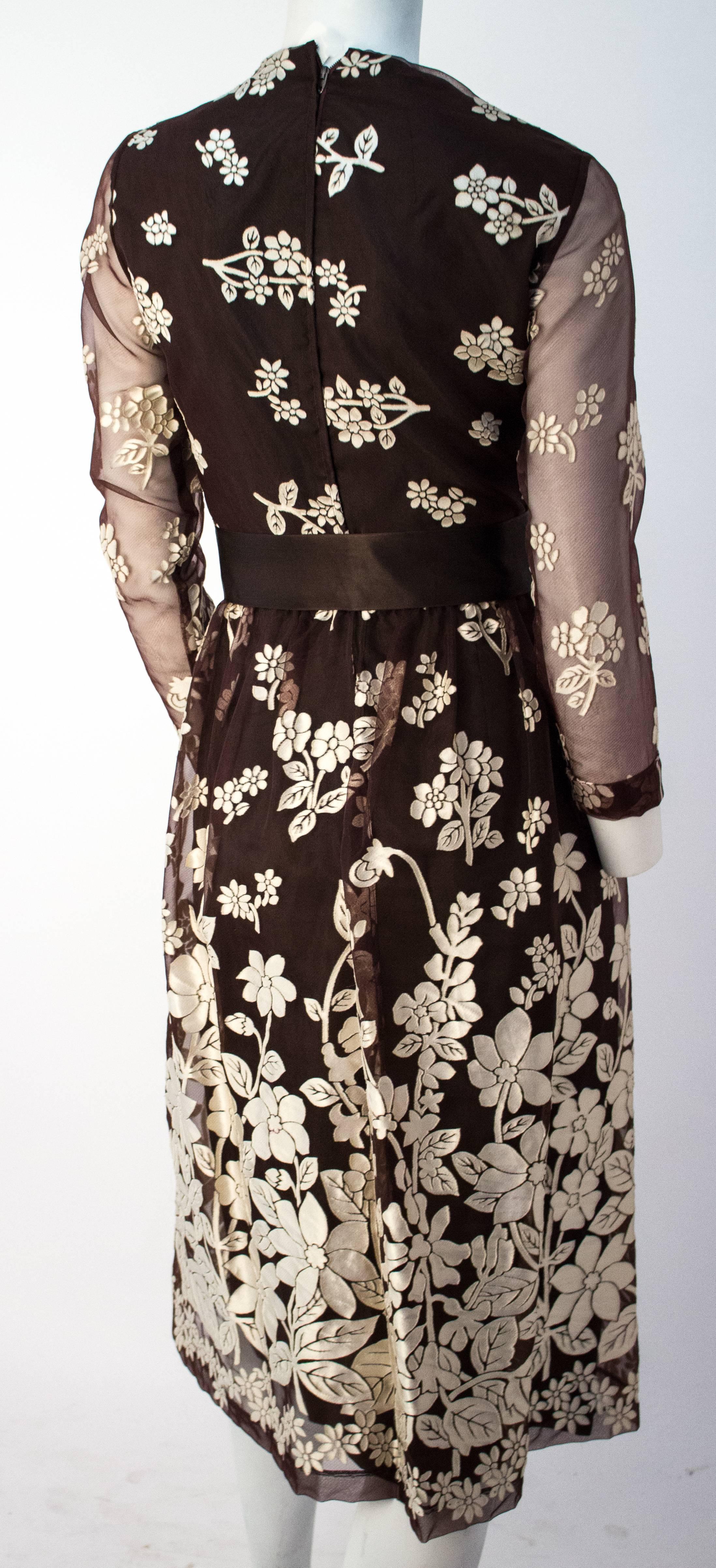 60s Brown Floral Burnout Dress. Fully lined, center back zip.