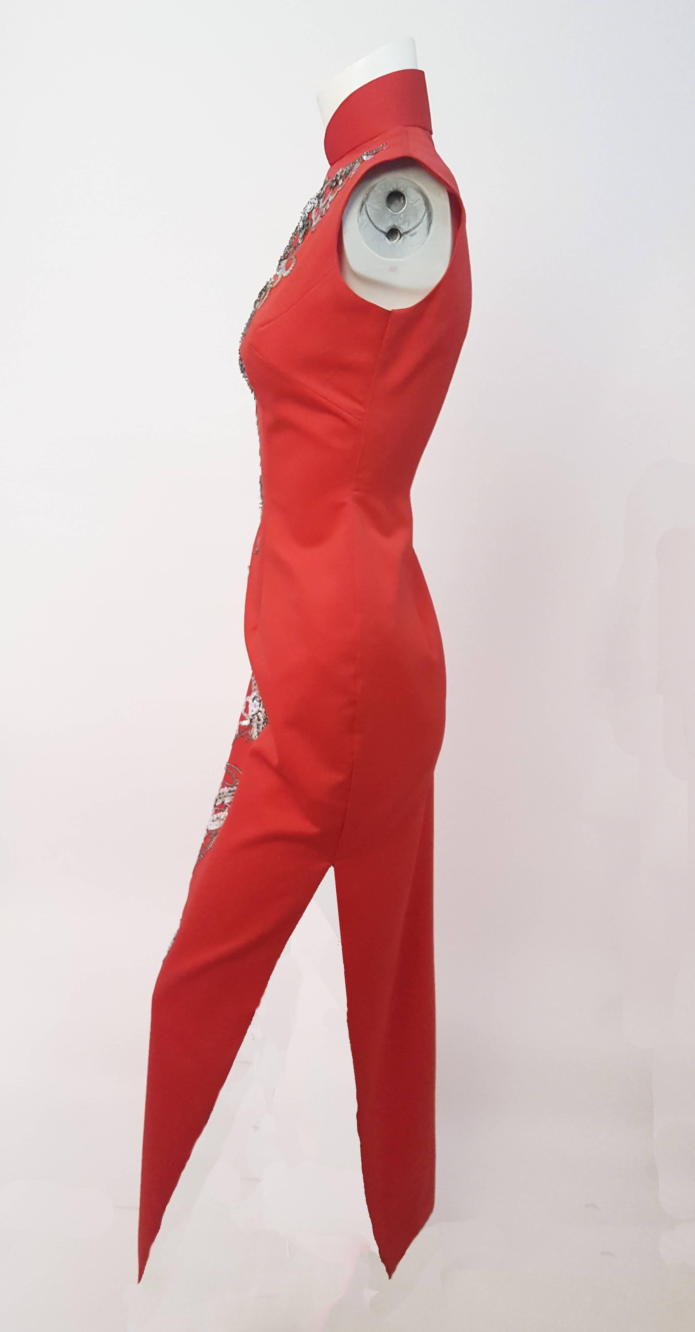 60s Red Cheongsam w/ Silver Sequins. Side zip and metal snap closures. 