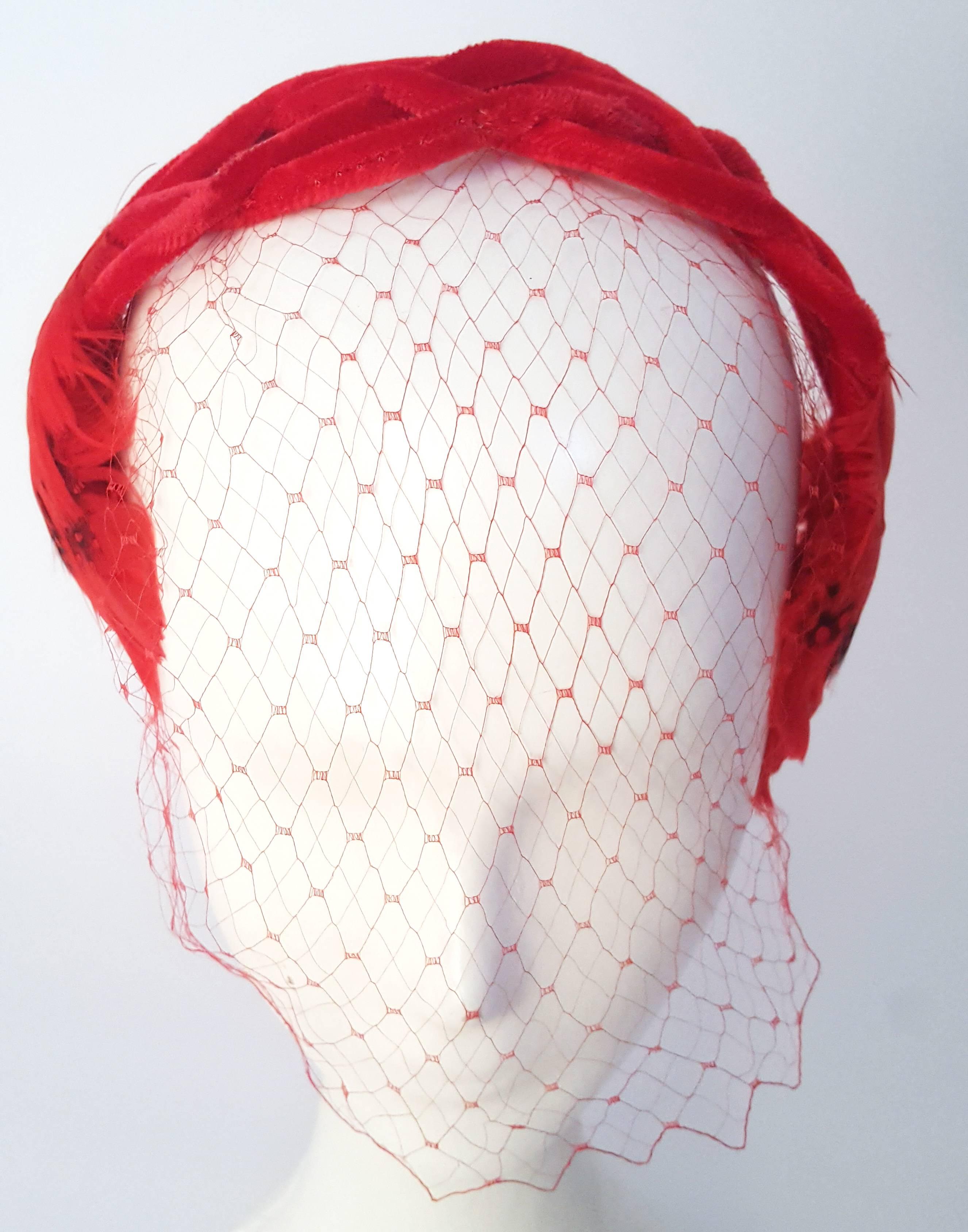 Gray 50s Red Velvet Cocktail Hat w/ Veil and Feathers