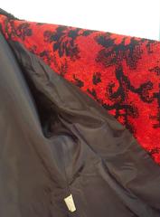 70s Red Hooded Tapestry Coat w/ Black Faux Fur Trim
