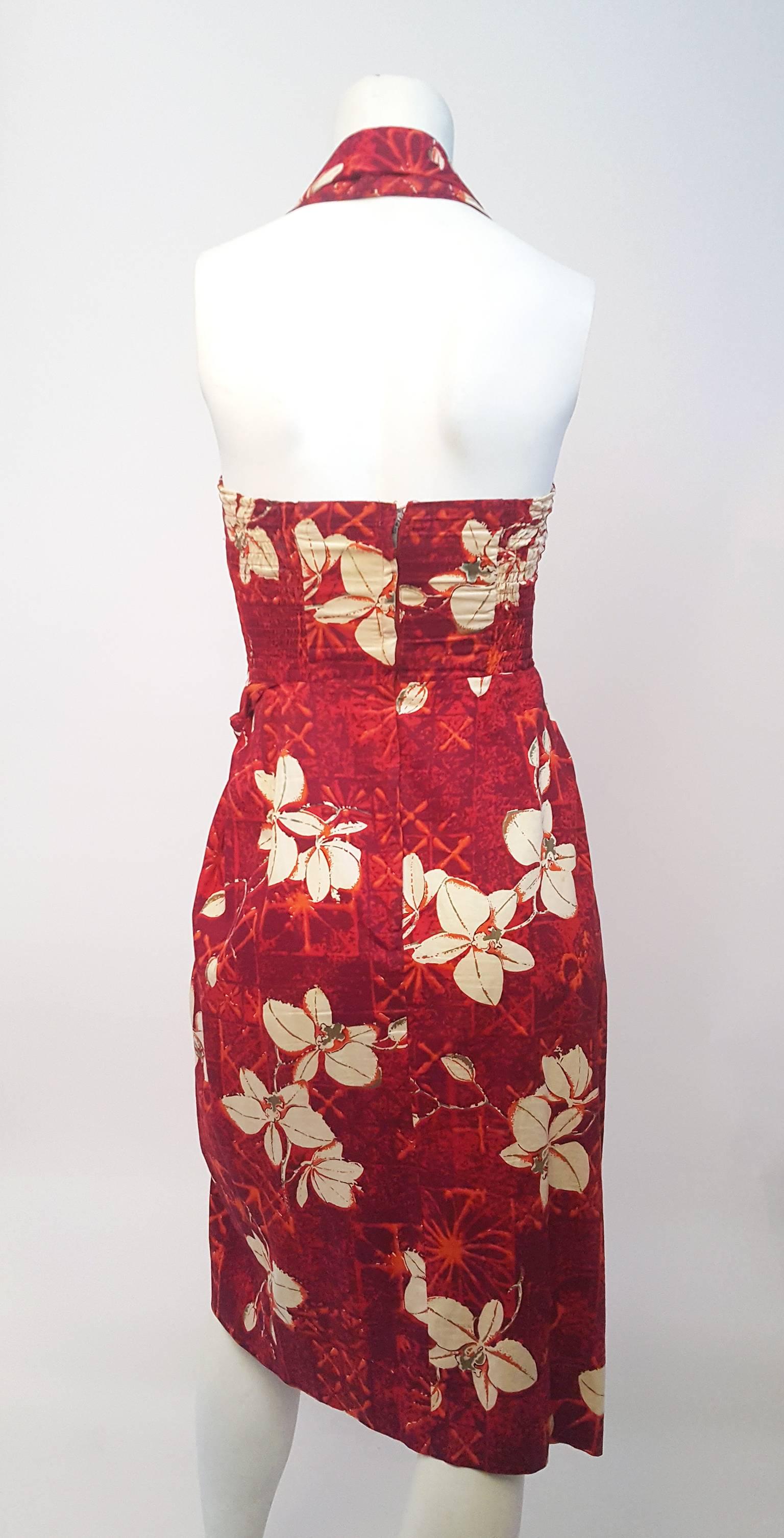 Women's 50s Alfred Shaheen Red Printed Cotton Tiki Dress