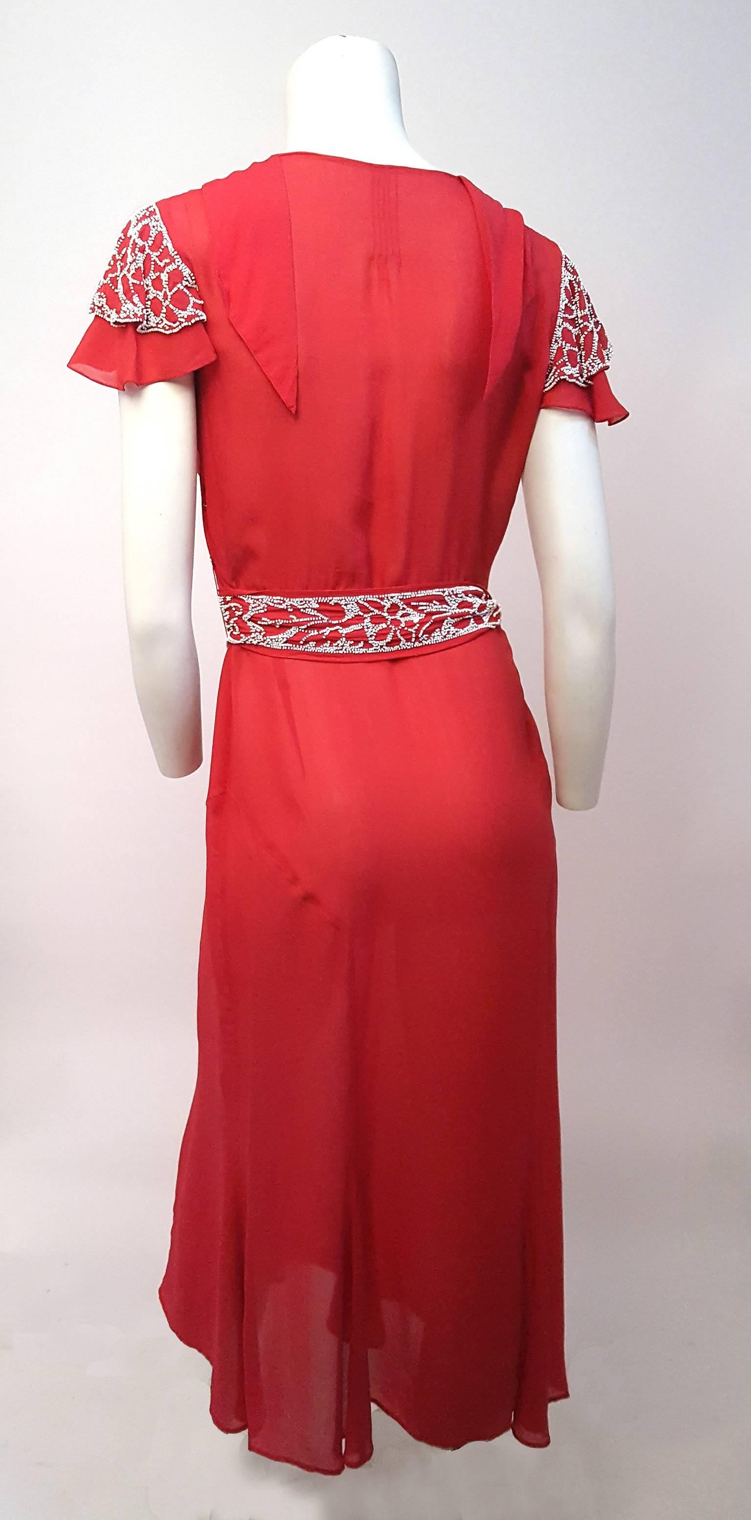 30s Red Chiffon Day Dress w/ Seed Bead Embellishment In Good Condition For Sale In San Francisco, CA