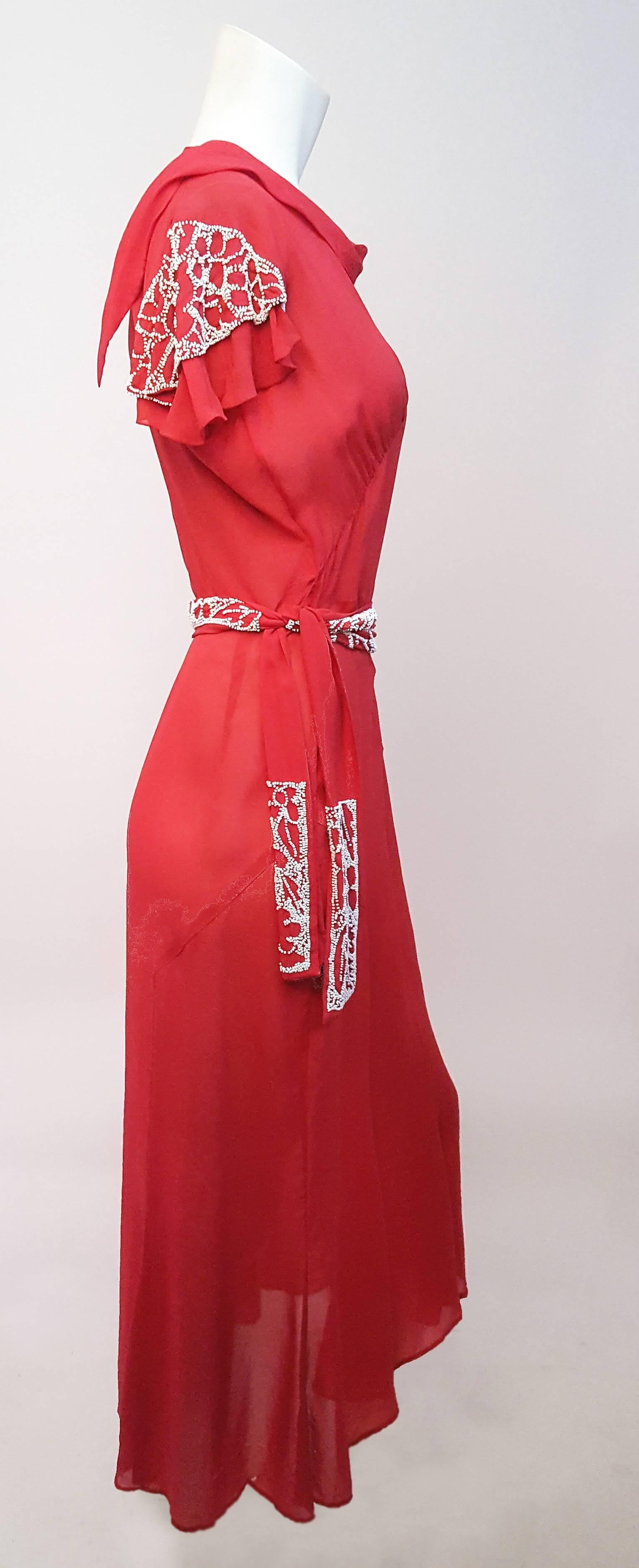 Women's 30s Red Chiffon Day Dress w/ Seed Bead Embellishment For Sale