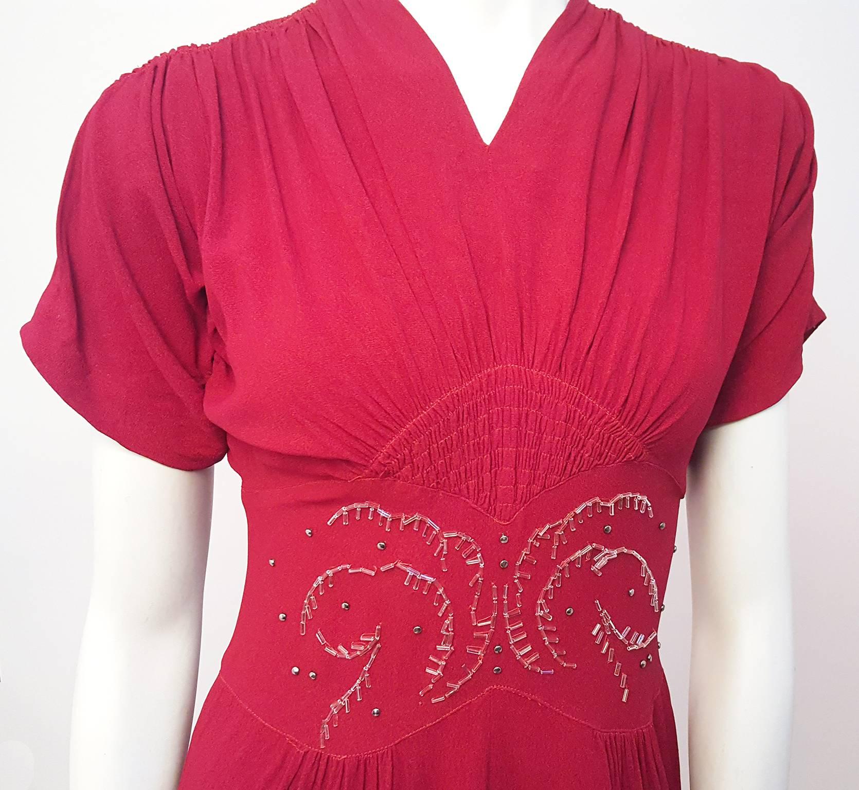 Women's 30s/40s Red Knit Jersey Dress w/ Bead Detail